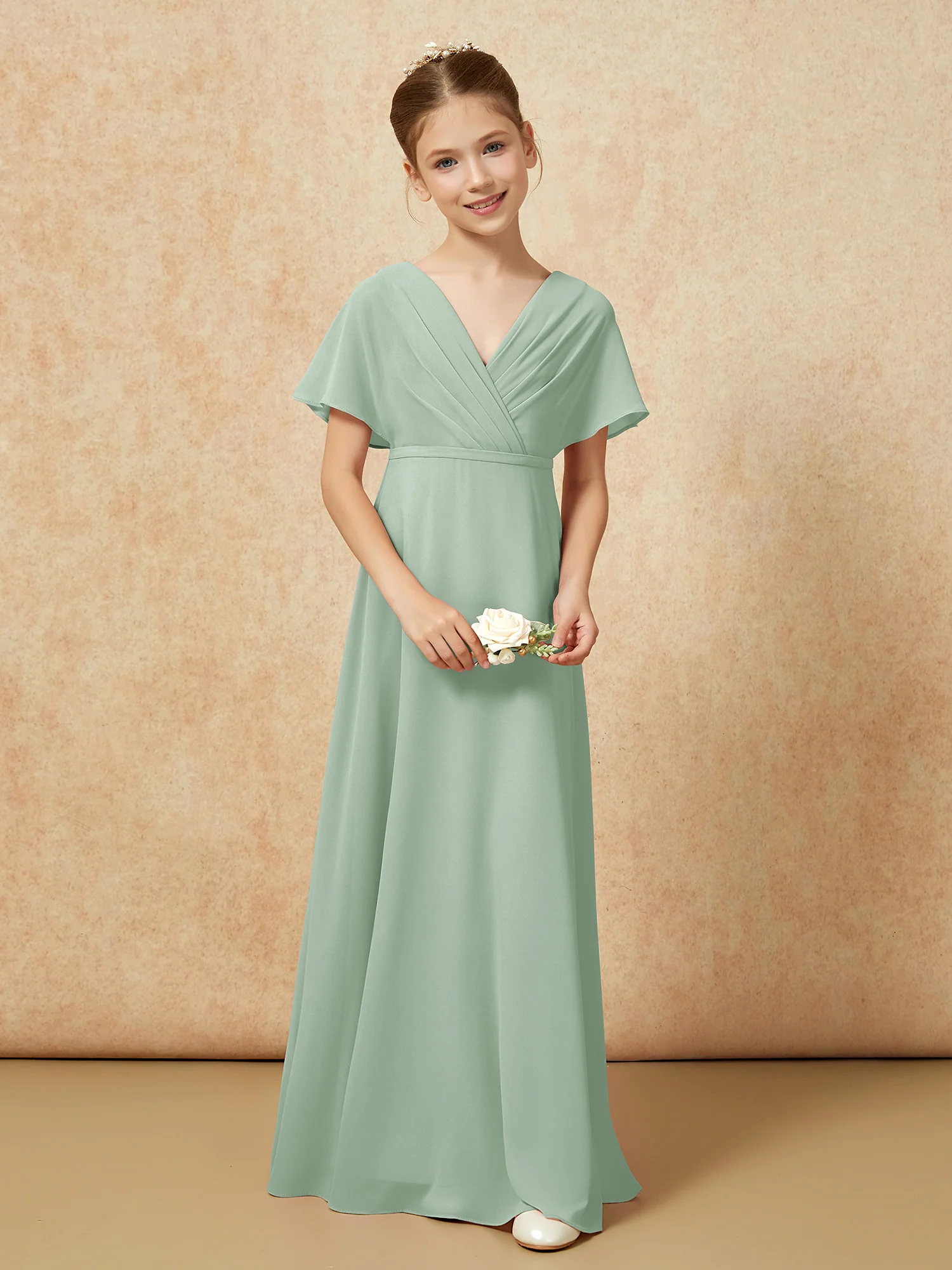 A-Line Flutter Sleeves Chiffon Junior Bridesmaid Dresses Agave - Image 4