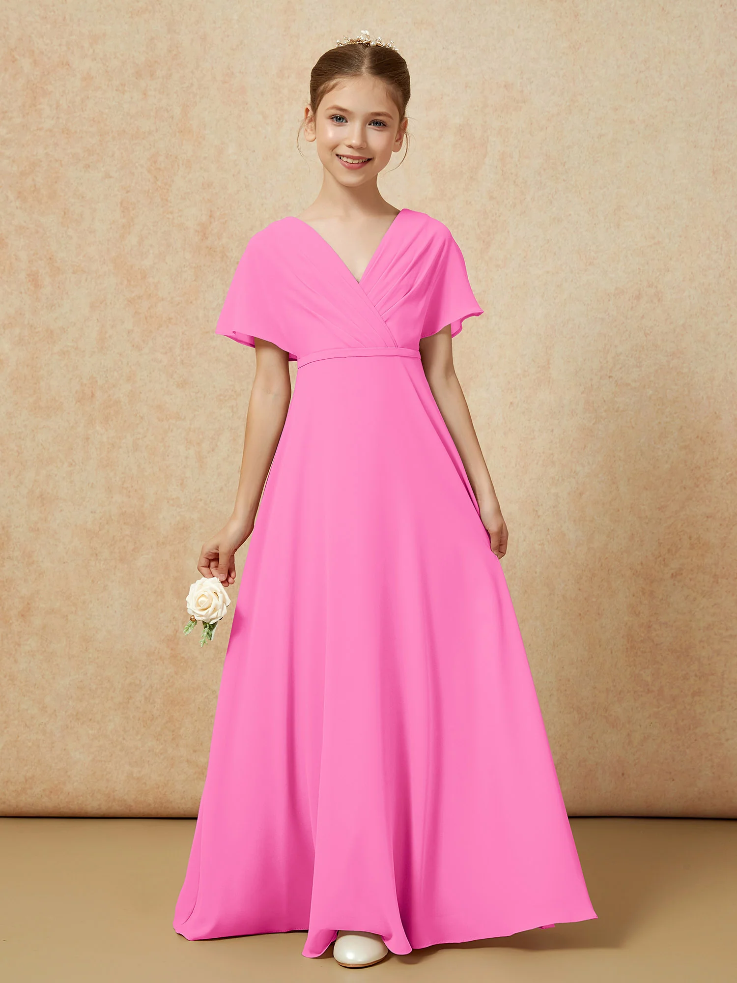 A-Line Flutter Sleeves Chiffon Junior Bridesmaid Dresses Azalea - Image 5
