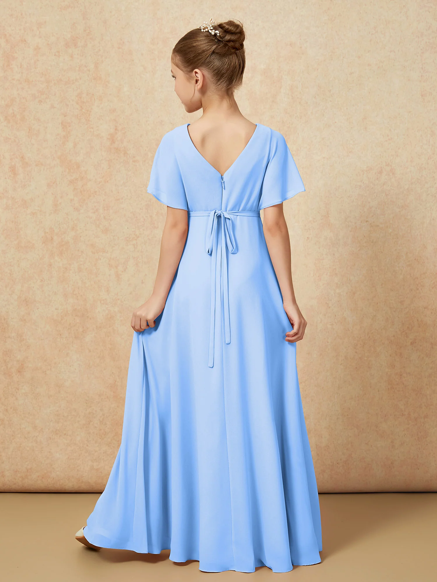 A-Line Flutter Sleeves Chiffon Junior Bridesmaid Dresses Blue - Image 2
