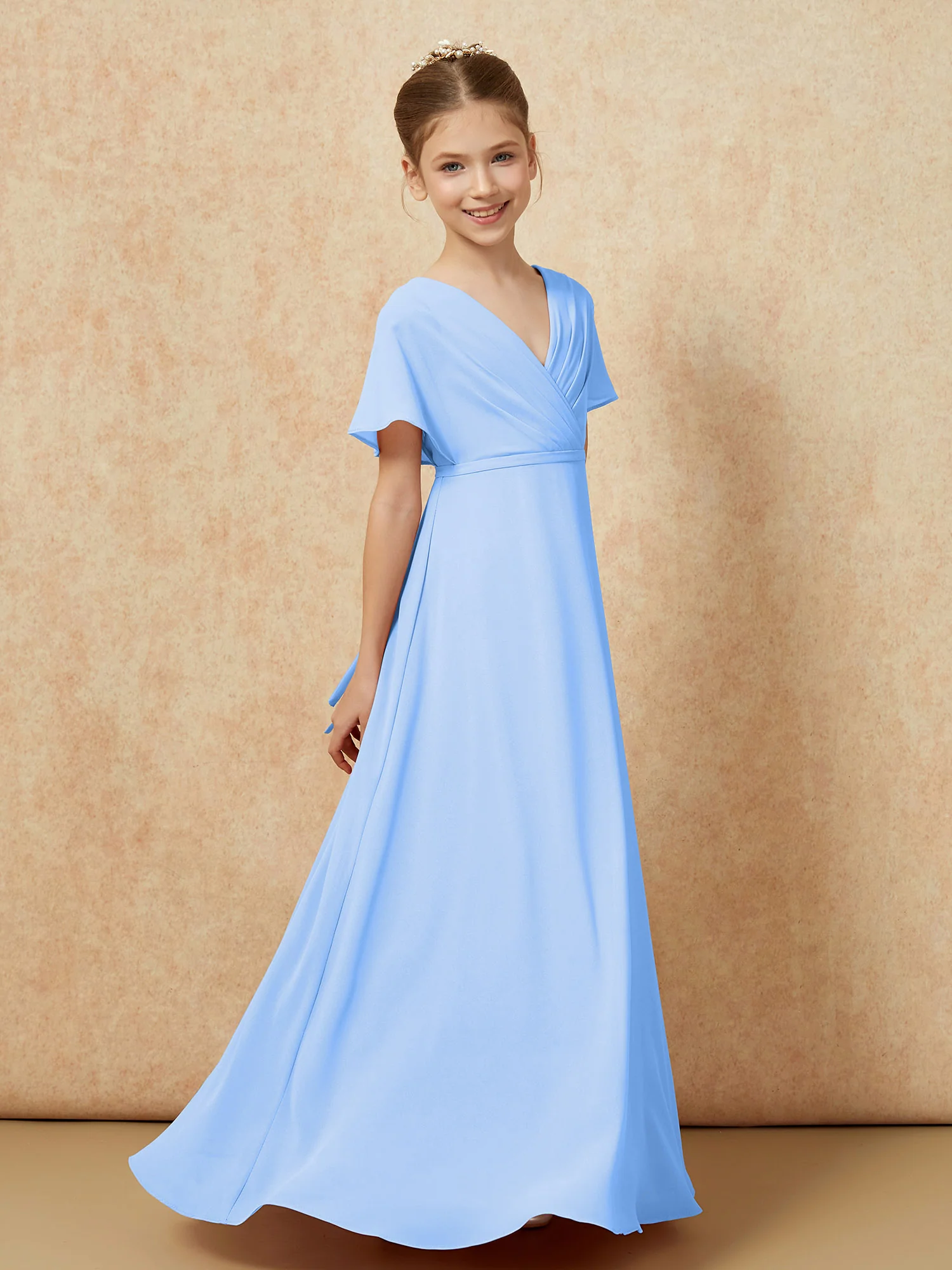A-Line Flutter Sleeves Chiffon Junior Bridesmaid Dresses Blue - Image 3