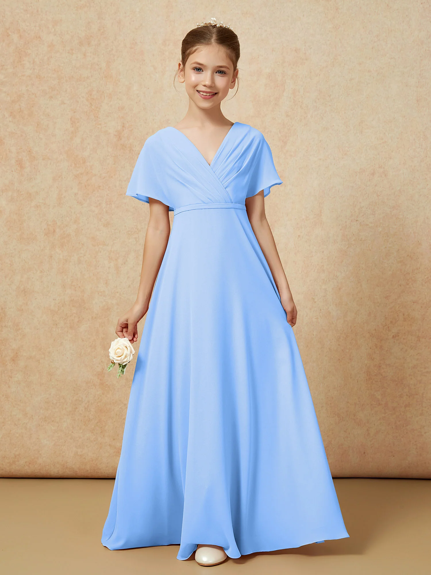 A-Line Flutter Sleeves Chiffon Junior Bridesmaid Dresses Blue - Image 5