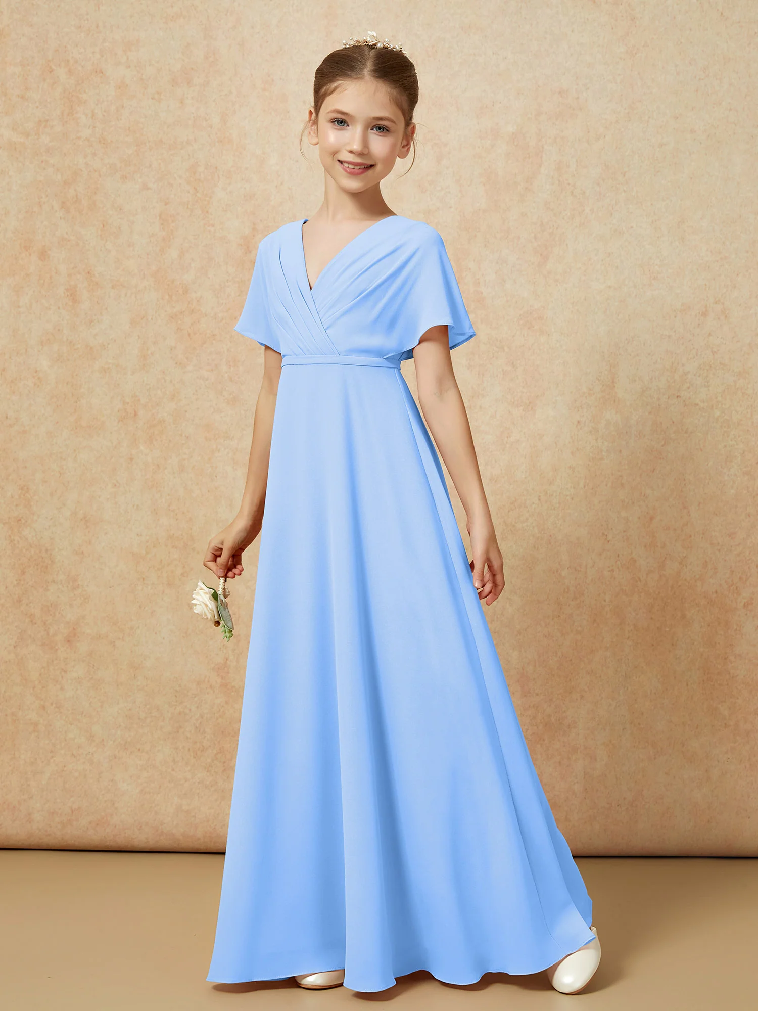 A-Line Flutter Sleeves Chiffon Junior Bridesmaid Dresses Blue - Image 6