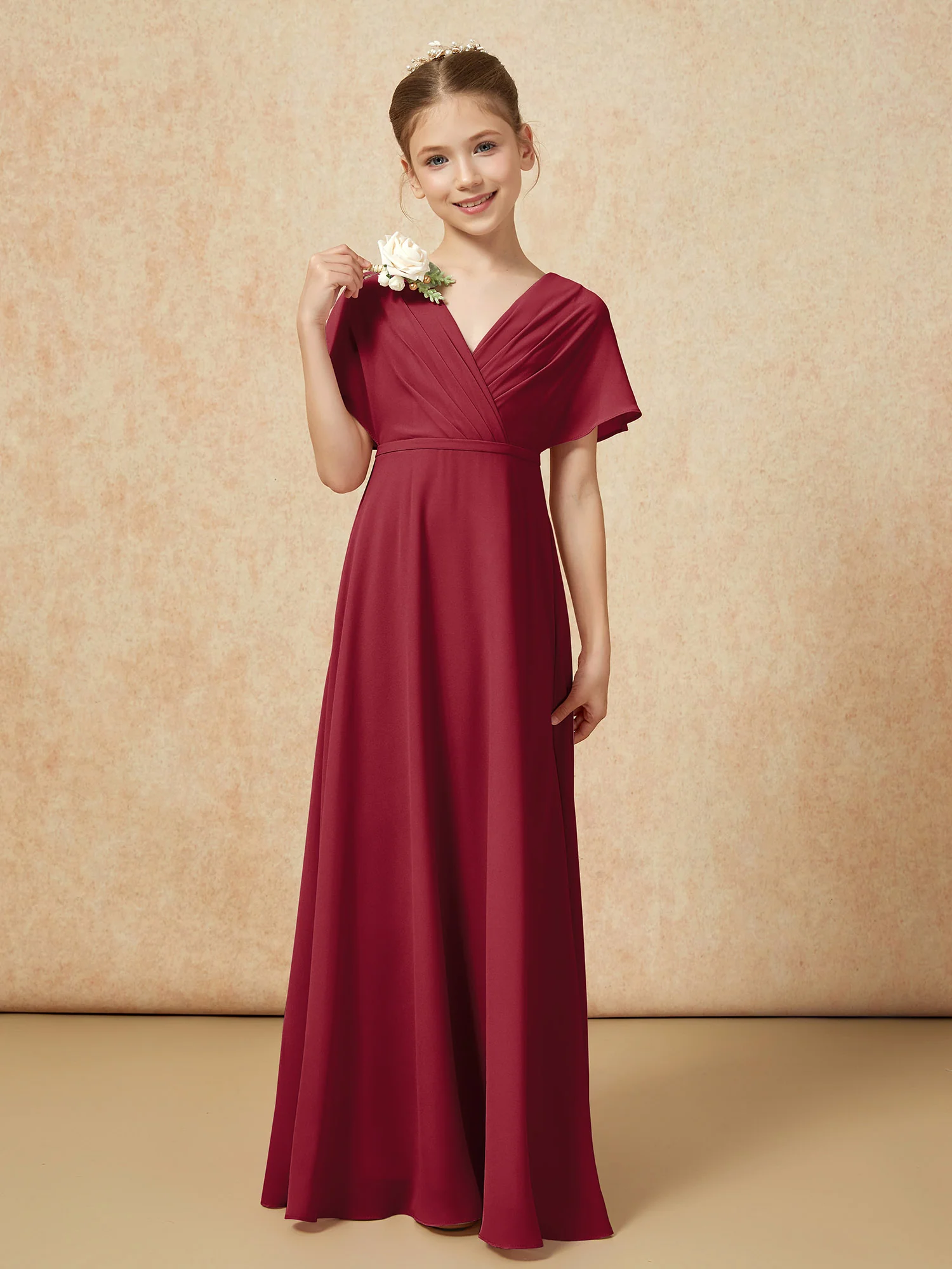 A-Line Flutter Sleeves Chiffon Junior Bridesmaid Dresses Burgundy