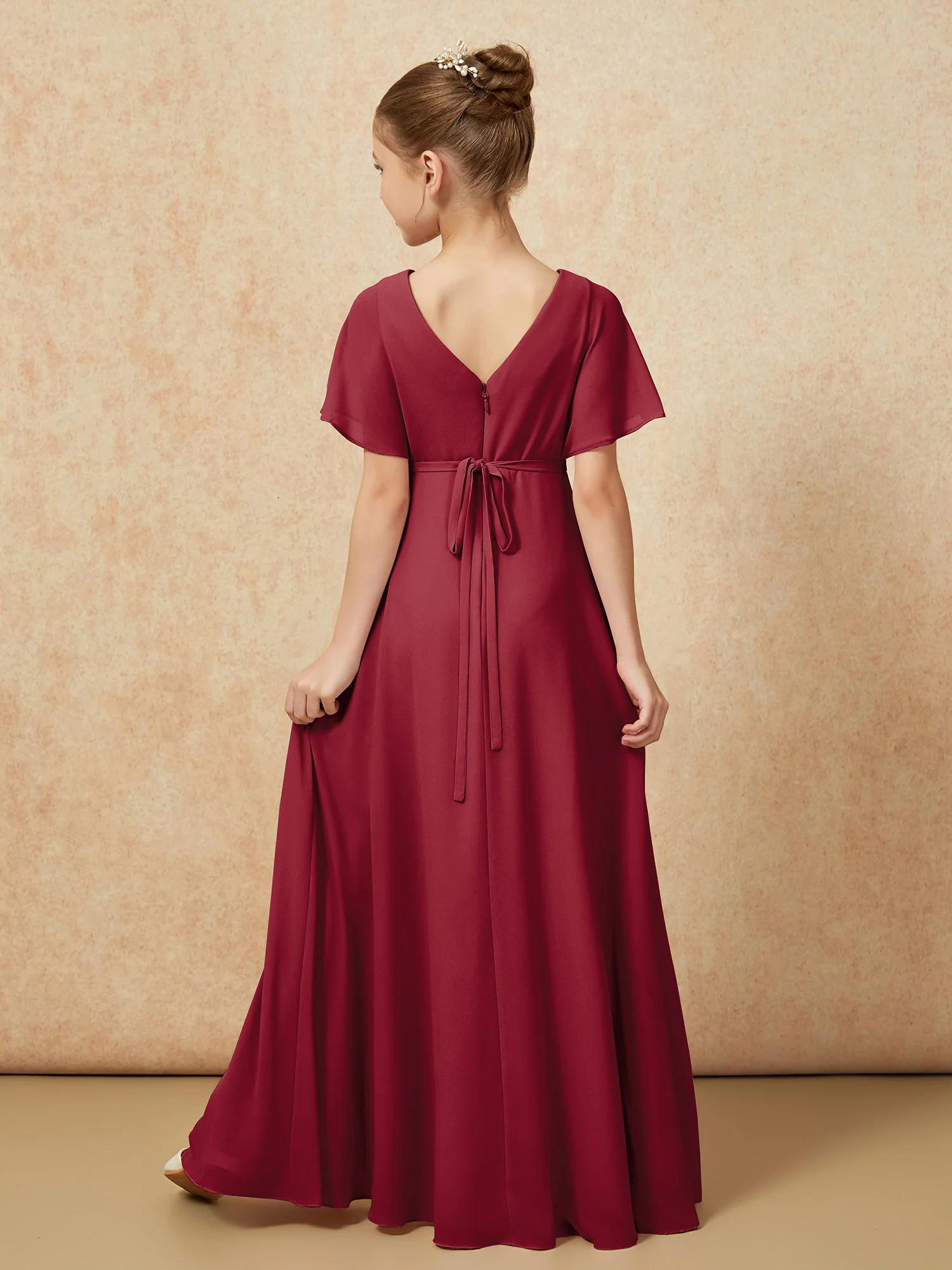 A-Line Flutter Sleeves Chiffon Junior Bridesmaid Dresses Burgundy - Image 2