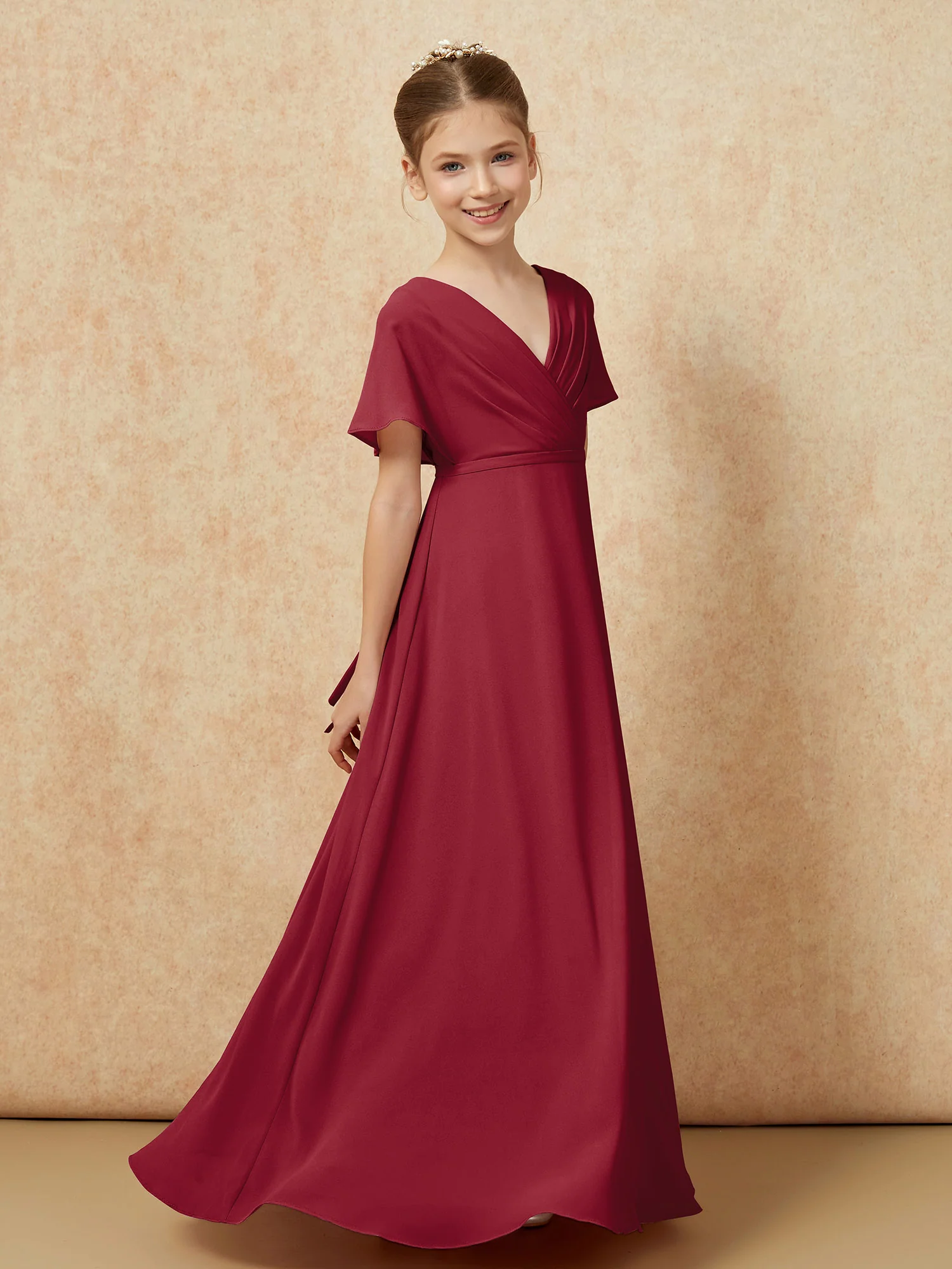 A-Line Flutter Sleeves Chiffon Junior Bridesmaid Dresses Burgundy - Image 3