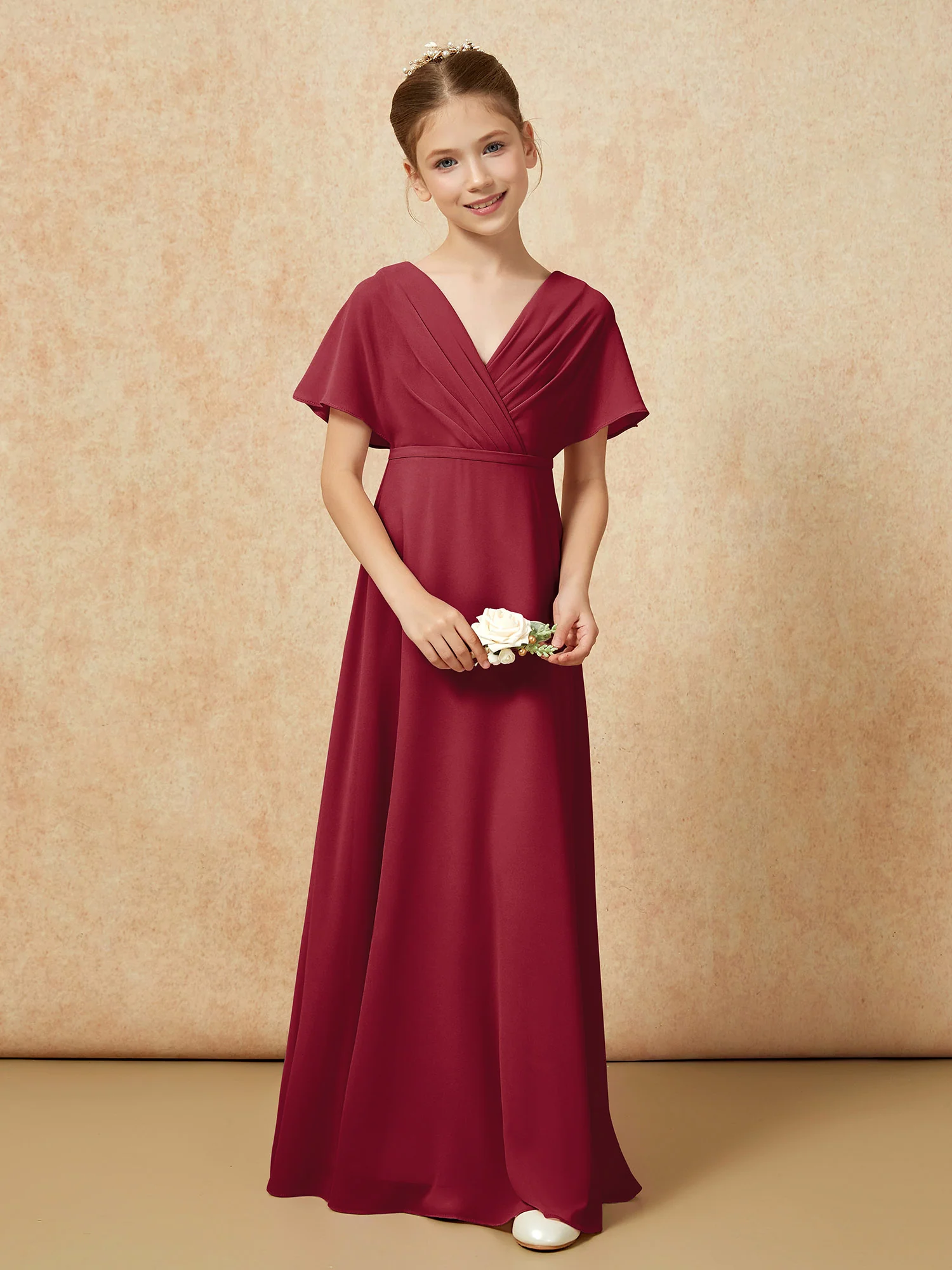 A-Line Flutter Sleeves Chiffon Junior Bridesmaid Dresses Burgundy - Image 4