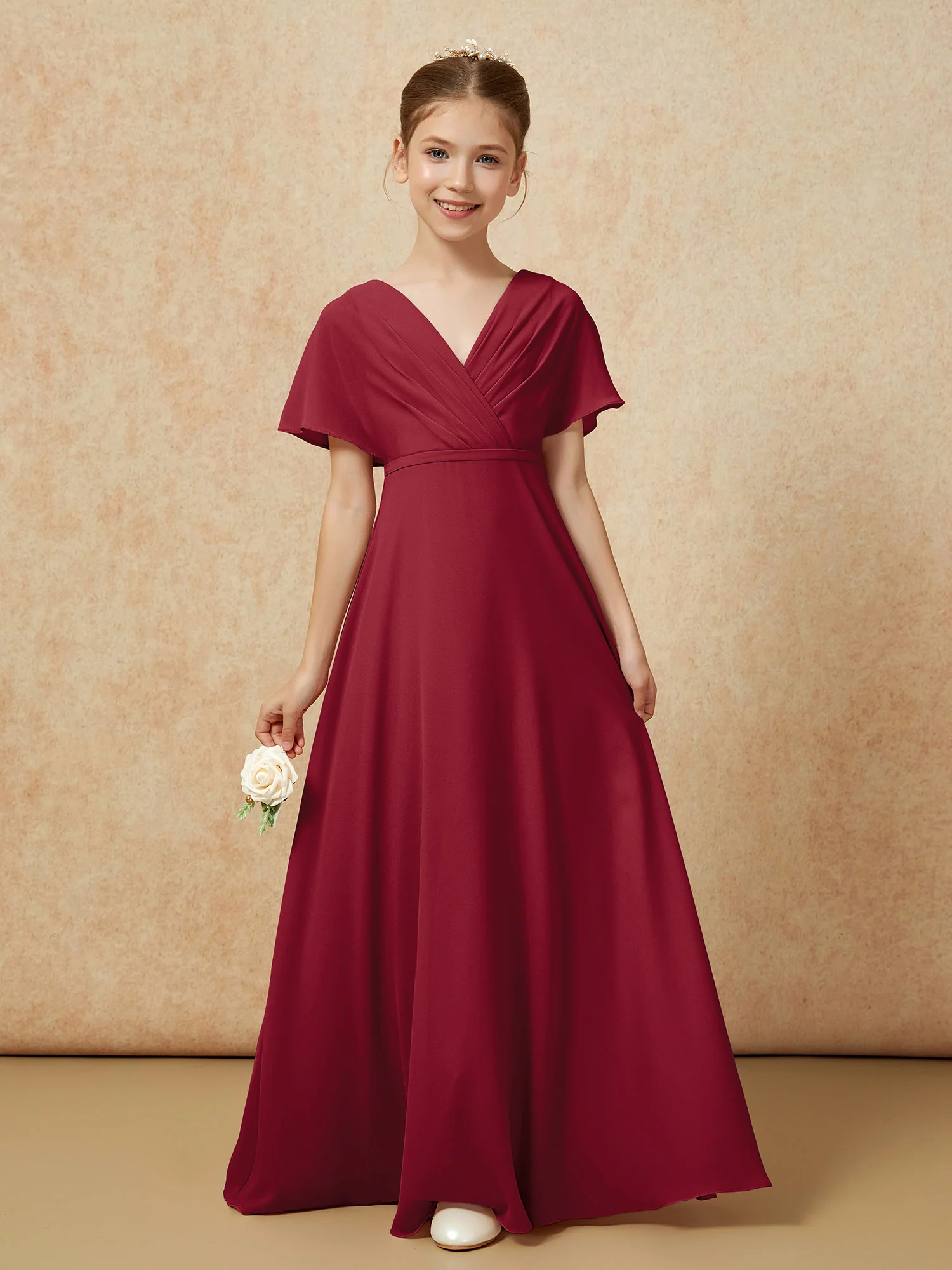 A-Line Flutter Sleeves Chiffon Junior Bridesmaid Dresses Burgundy - Image 5