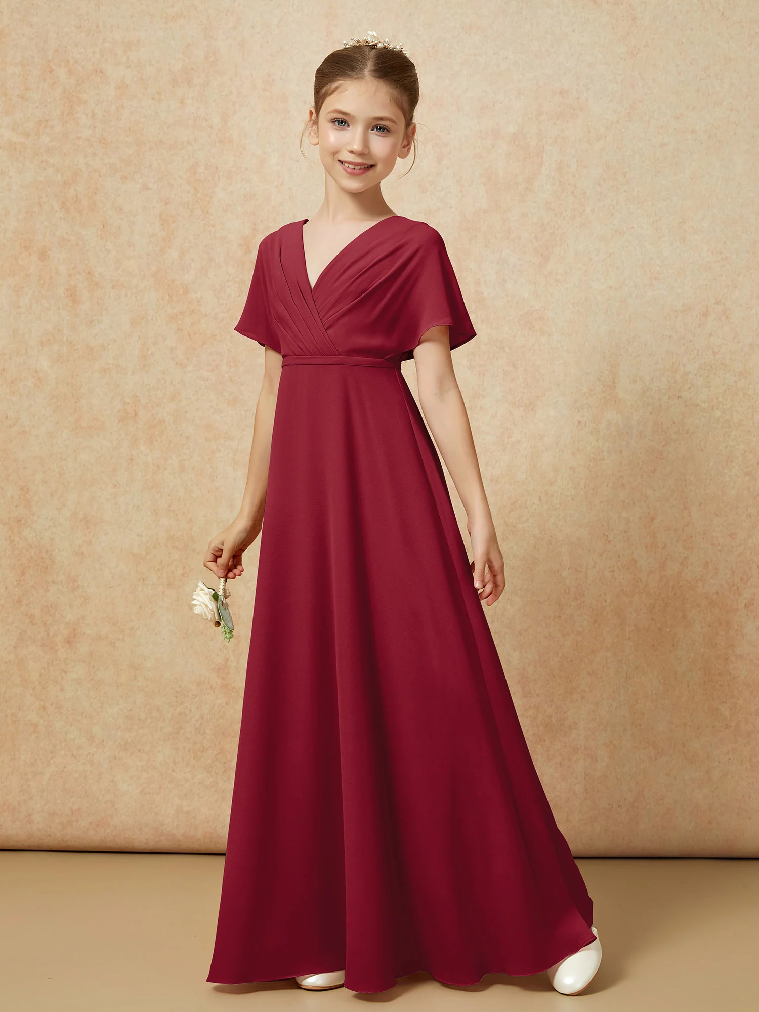 A-Line Flutter Sleeves Chiffon Junior Bridesmaid Dresses Burgundy - Image 6