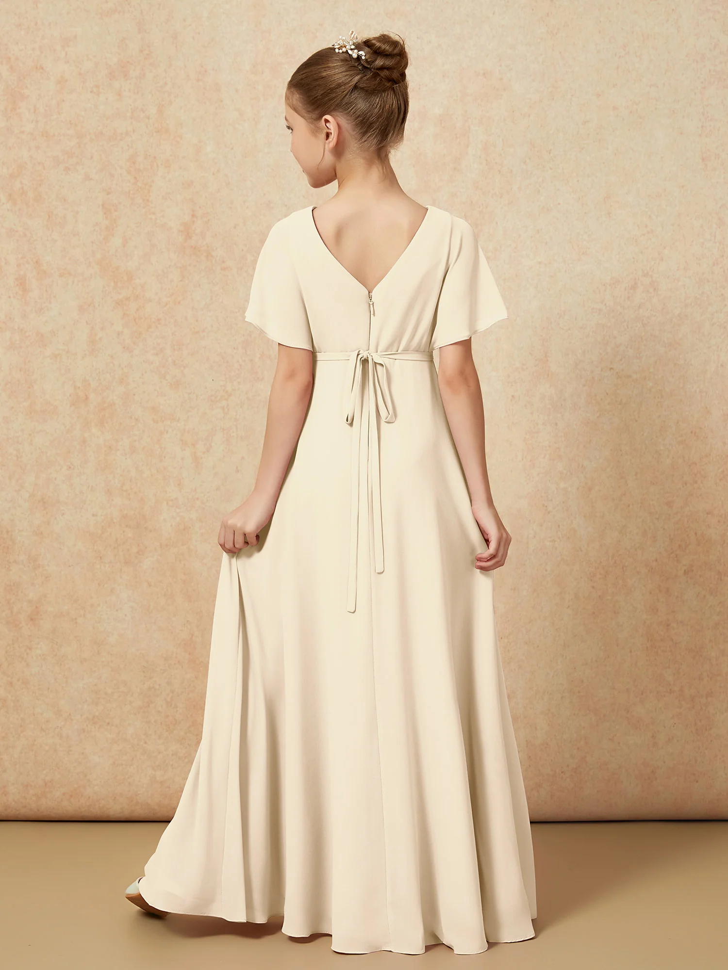A-Line Flutter Sleeves Chiffon Junior Bridesmaid Dresses Champagne - Image 2