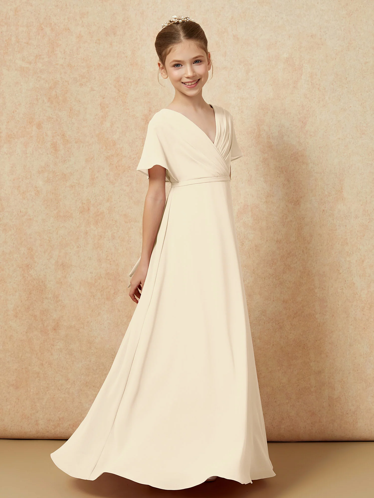 A-Line Flutter Sleeves Chiffon Junior Bridesmaid Dresses Champagne - Image 3