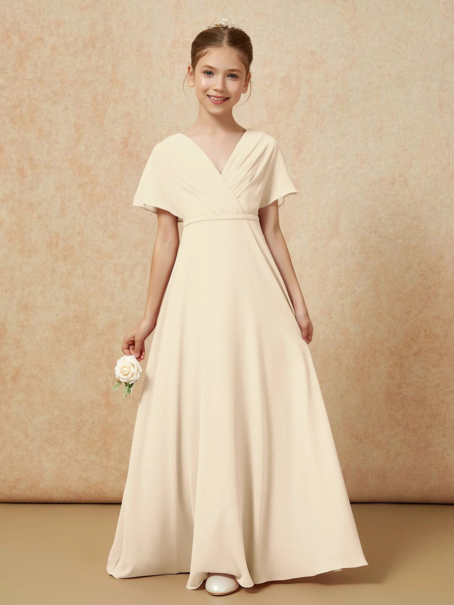 A-Line Flutter Sleeves Chiffon Junior Bridesmaid Dresses Champagne - Image 5