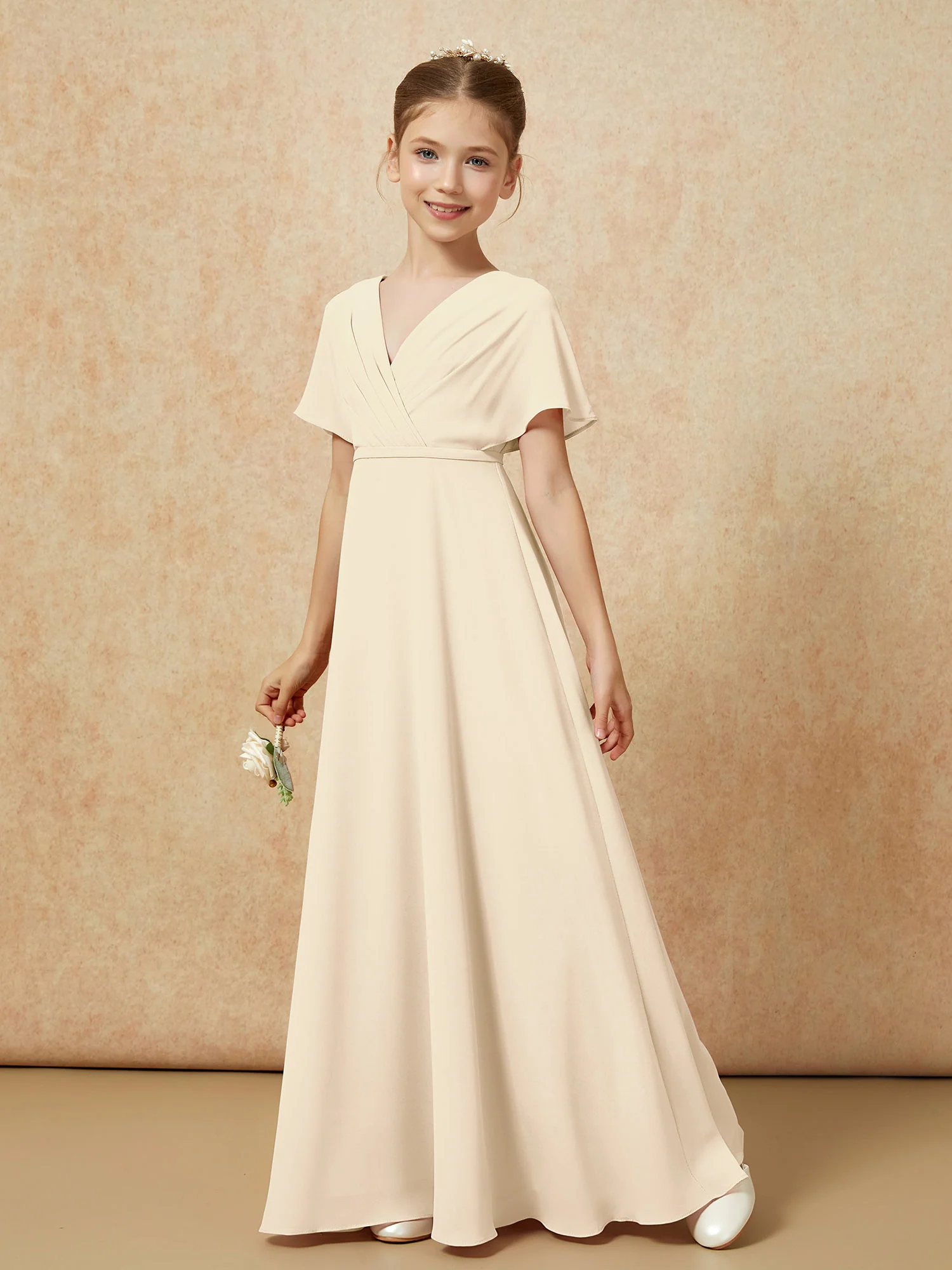 A-Line Flutter Sleeves Chiffon Junior Bridesmaid Dresses Champagne - Image 6