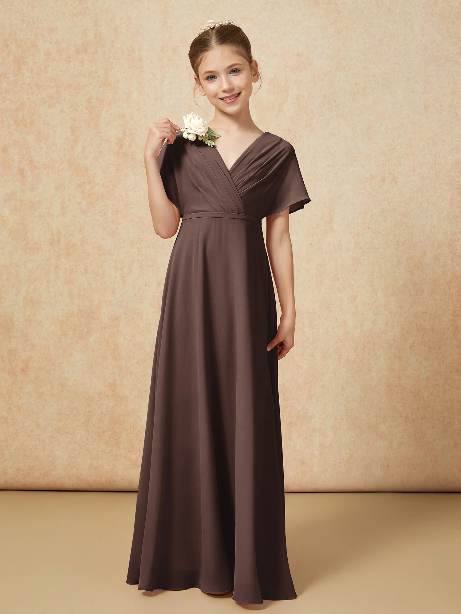 A-Line Flutter Sleeves Chiffon Junior Bridesmaid Dresses Chocolate