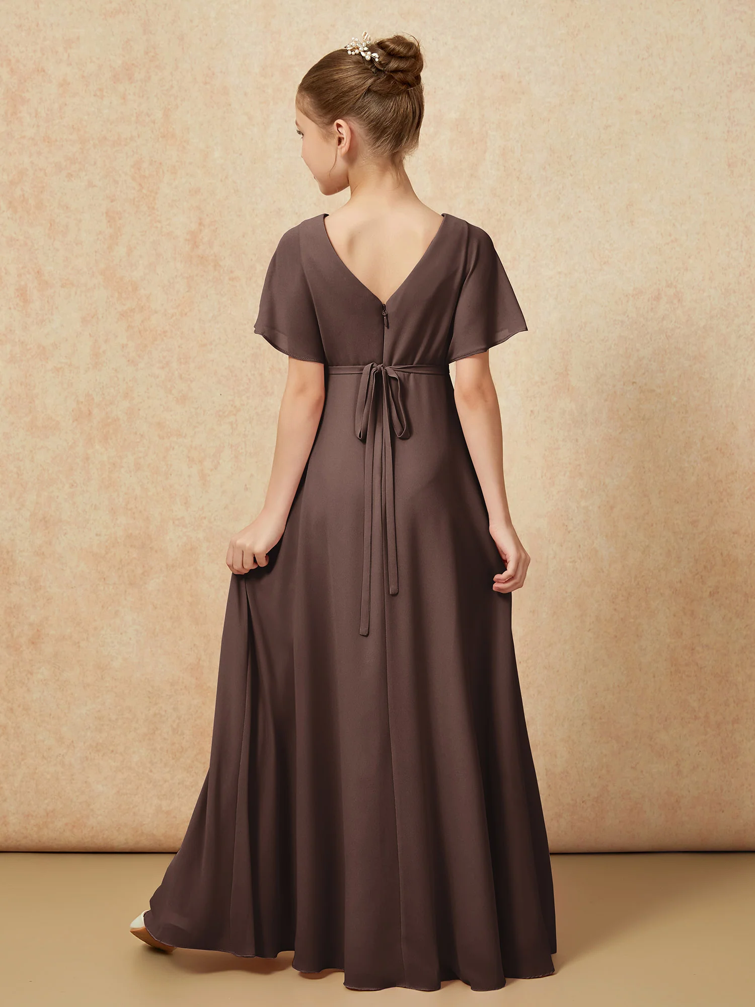 A-Line Flutter Sleeves Chiffon Junior Bridesmaid Dresses Chocolate - Image 2