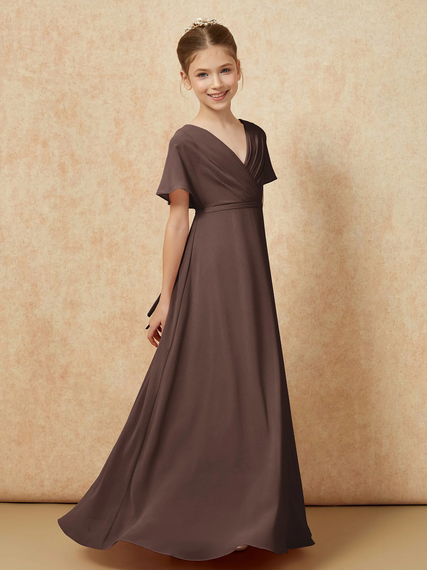 A-Line Flutter Sleeves Chiffon Junior Bridesmaid Dresses Chocolate - Image 3