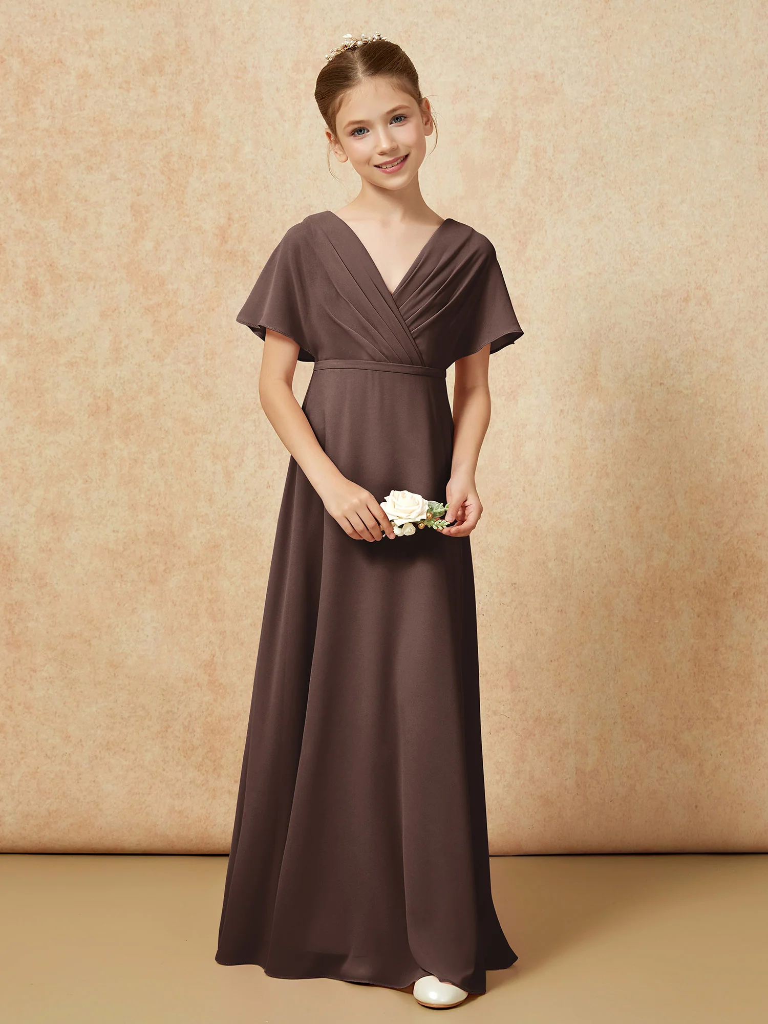 A-Line Flutter Sleeves Chiffon Junior Bridesmaid Dresses Chocolate - Image 4