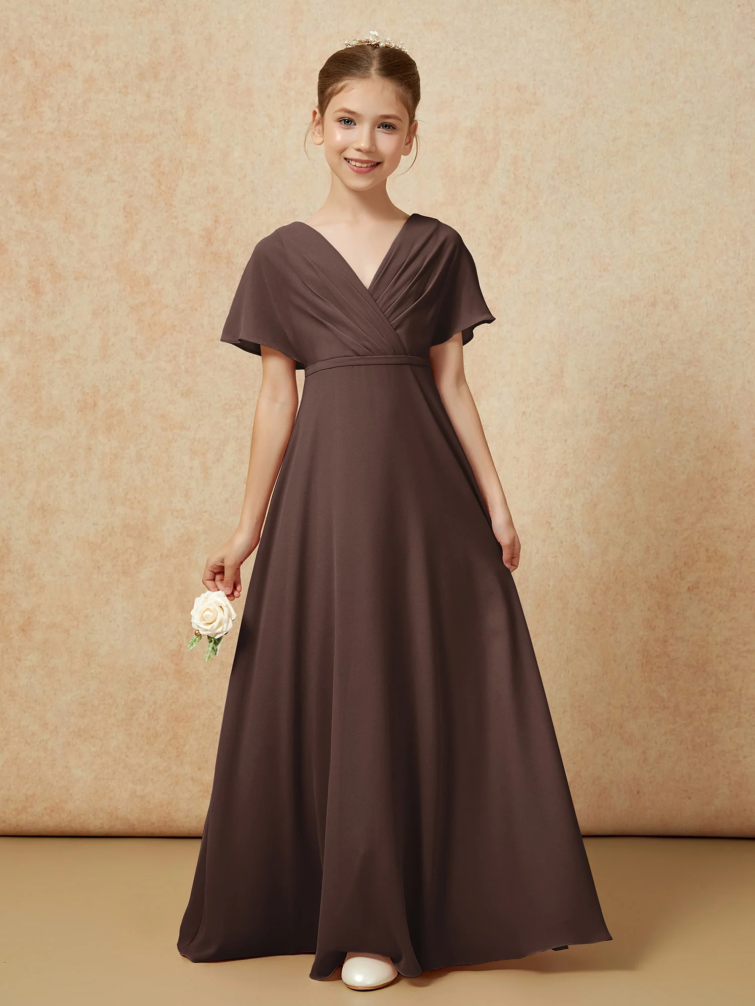 A-Line Flutter Sleeves Chiffon Junior Bridesmaid Dresses Chocolate - Image 5