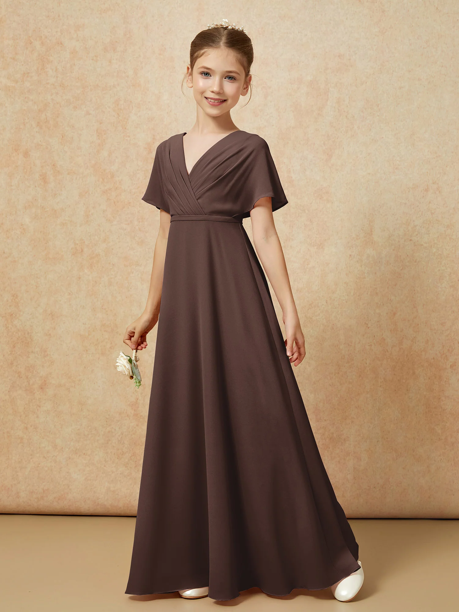A-Line Flutter Sleeves Chiffon Junior Bridesmaid Dresses Chocolate - Image 6