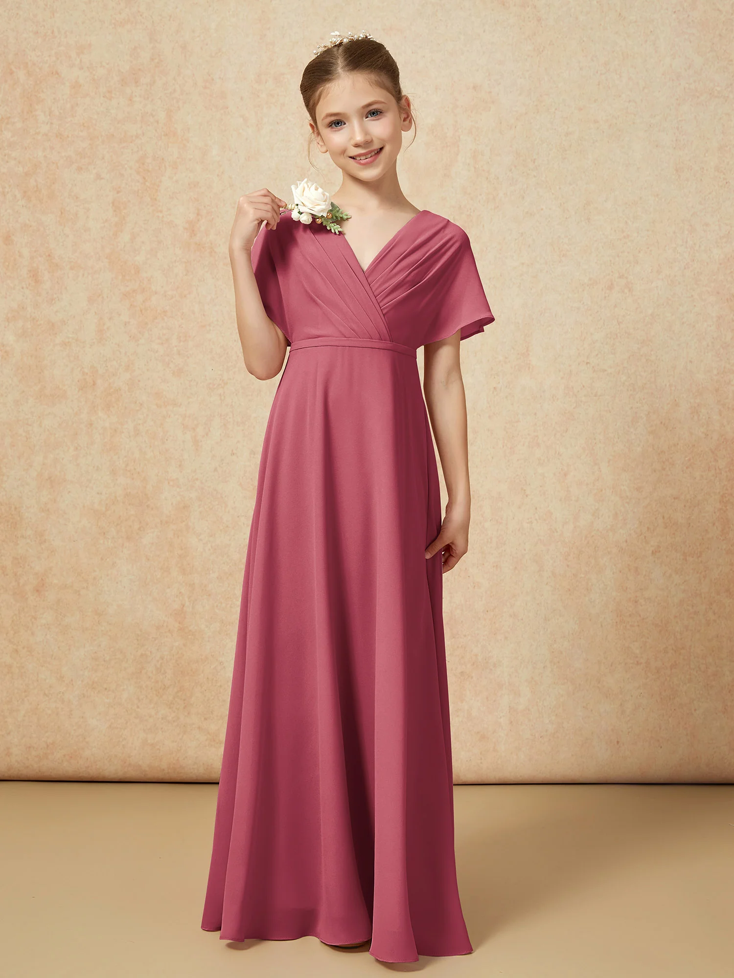 A-Line Flutter Sleeves Chiffon Junior Bridesmaid Dresses Cinnamon Rose