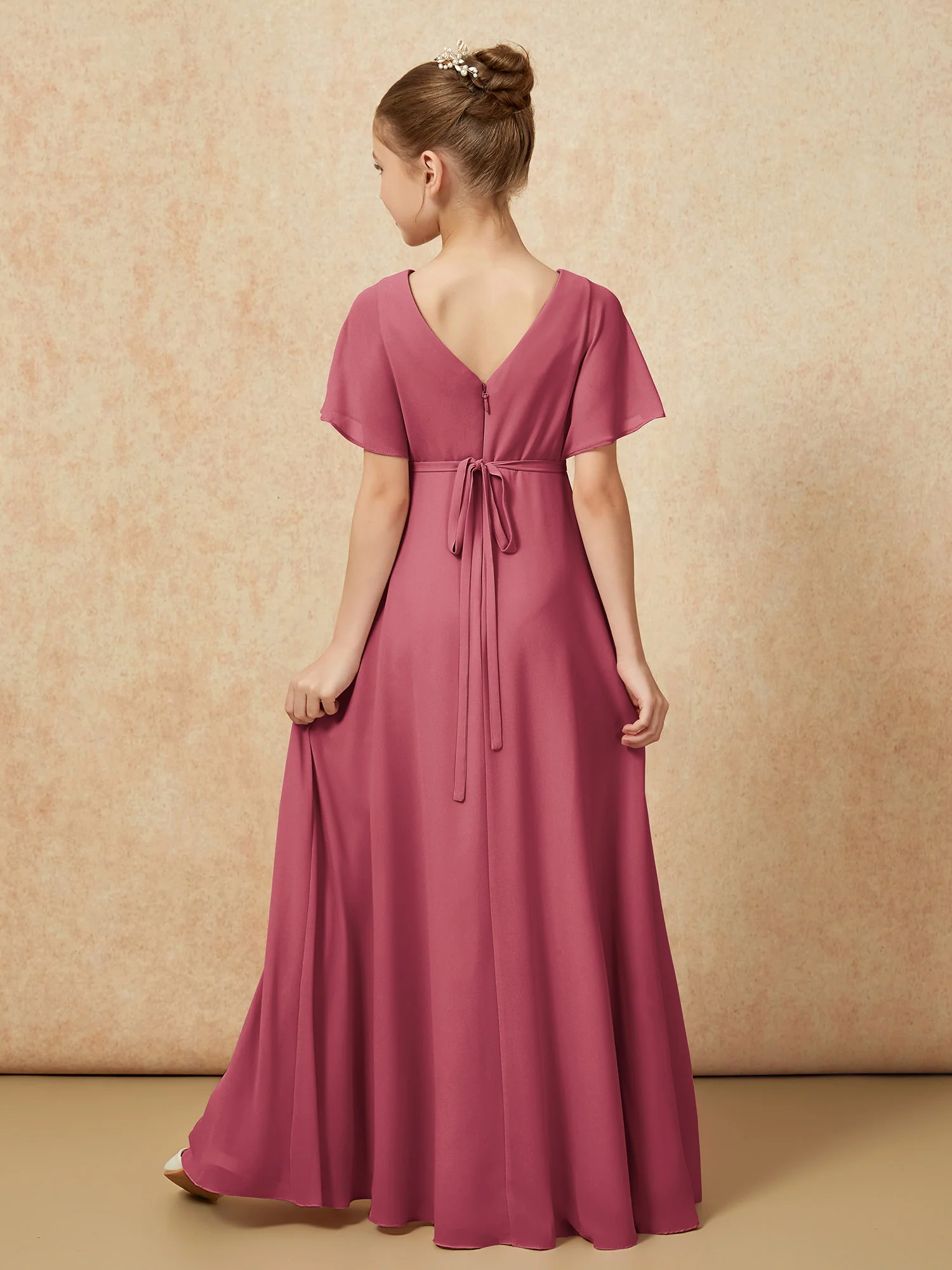 A-Line Flutter Sleeves Chiffon Junior Bridesmaid Dresses Cinnamon Rose - Image 2