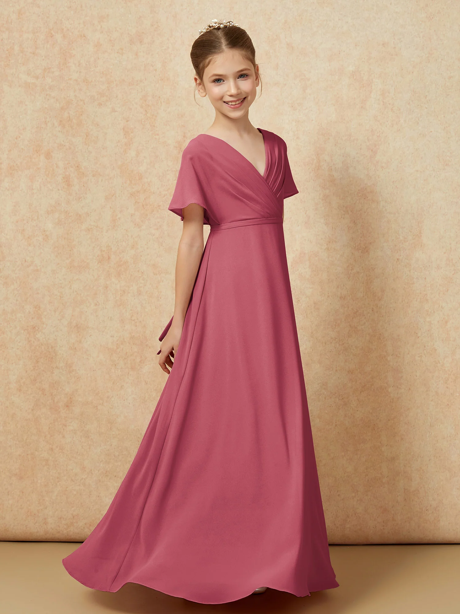 A-Line Flutter Sleeves Chiffon Junior Bridesmaid Dresses Cinnamon Rose - Image 3