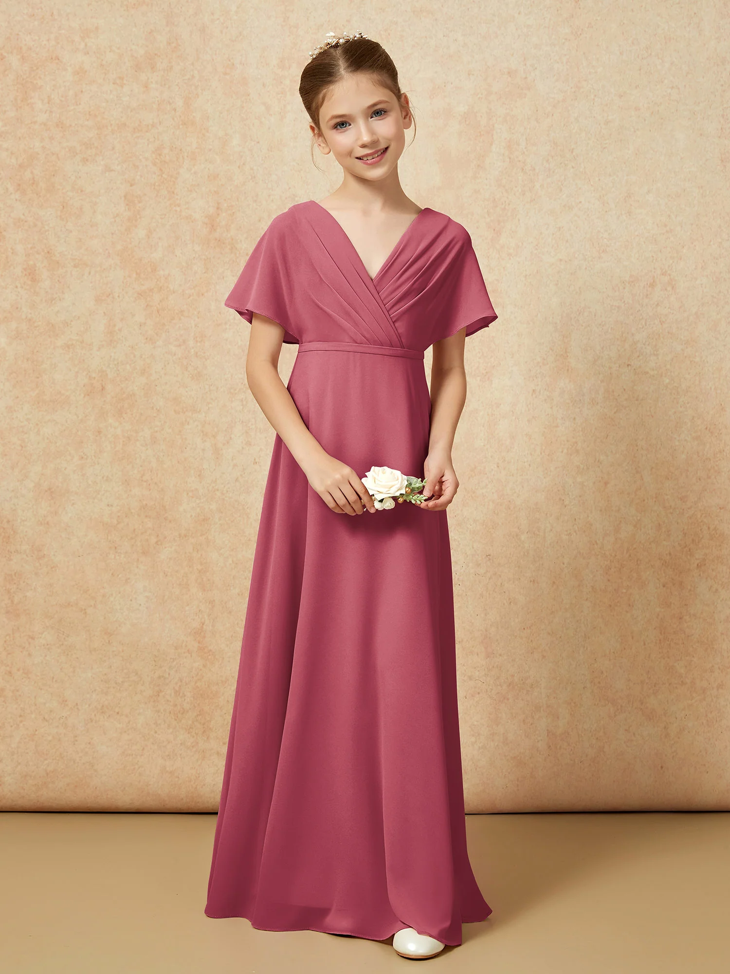 A-Line Flutter Sleeves Chiffon Junior Bridesmaid Dresses Cinnamon Rose - Image 4