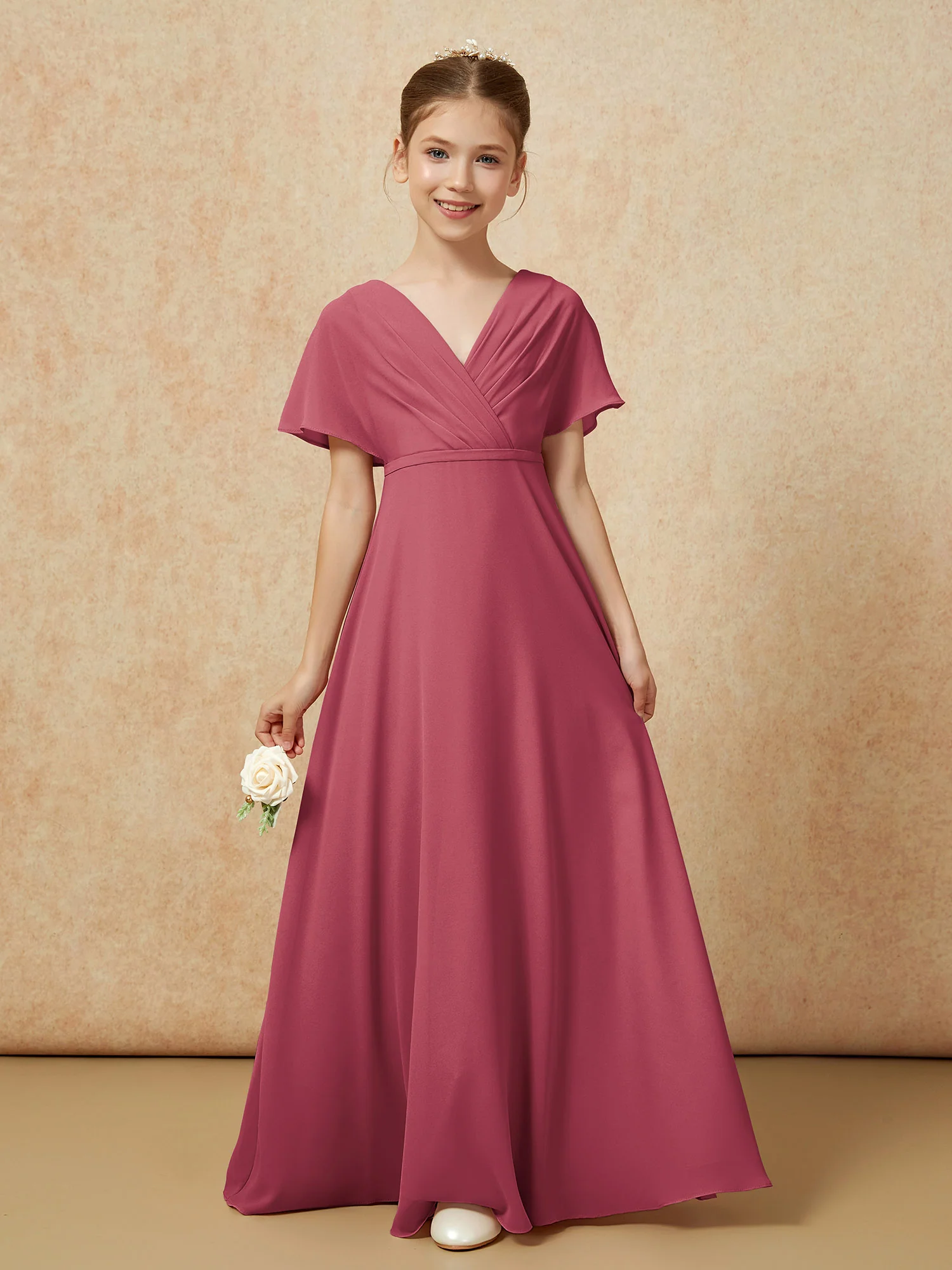 A-Line Flutter Sleeves Chiffon Junior Bridesmaid Dresses Cinnamon Rose - Image 5