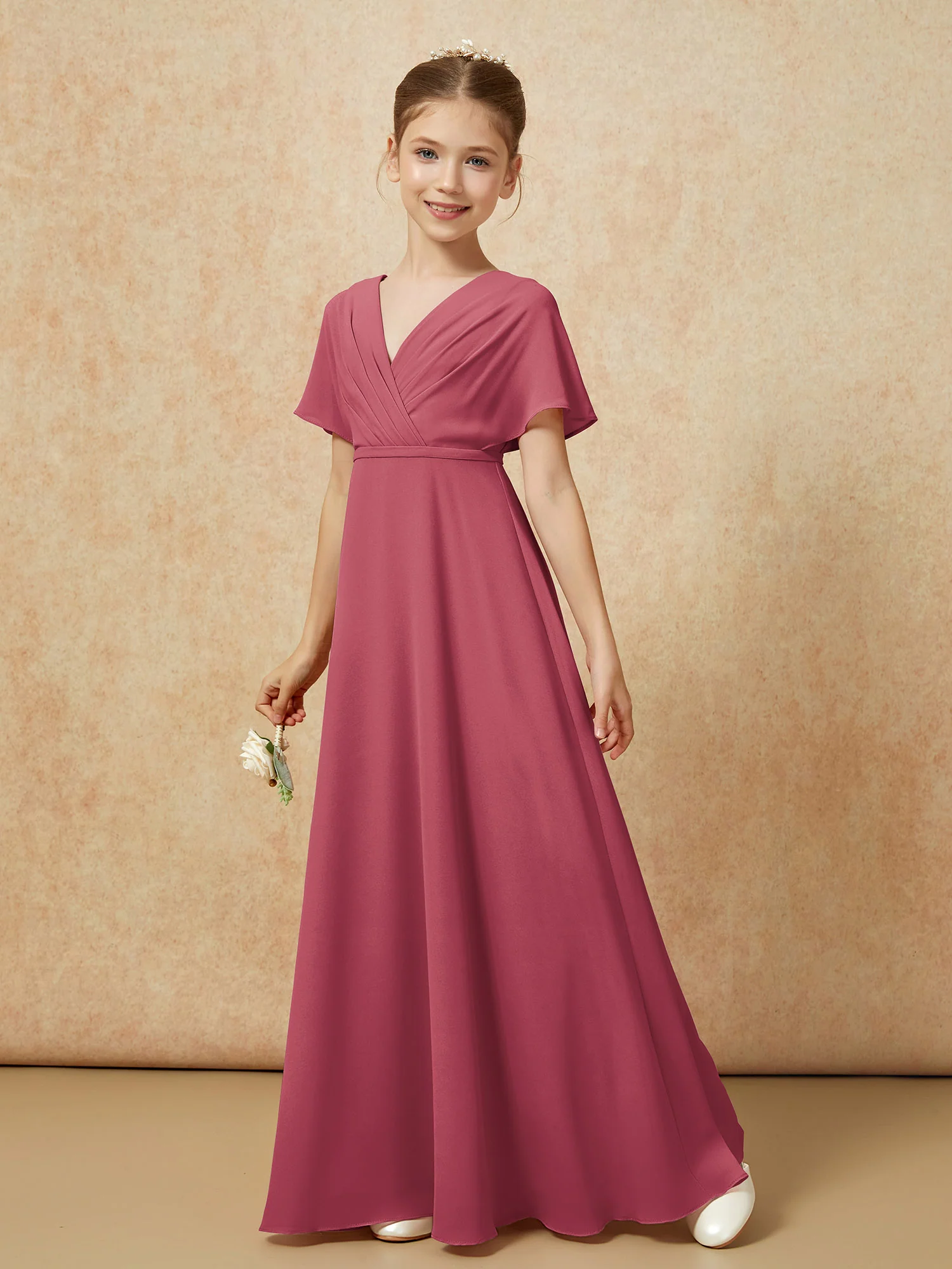 A-Line Flutter Sleeves Chiffon Junior Bridesmaid Dresses Cinnamon Rose - Image 6