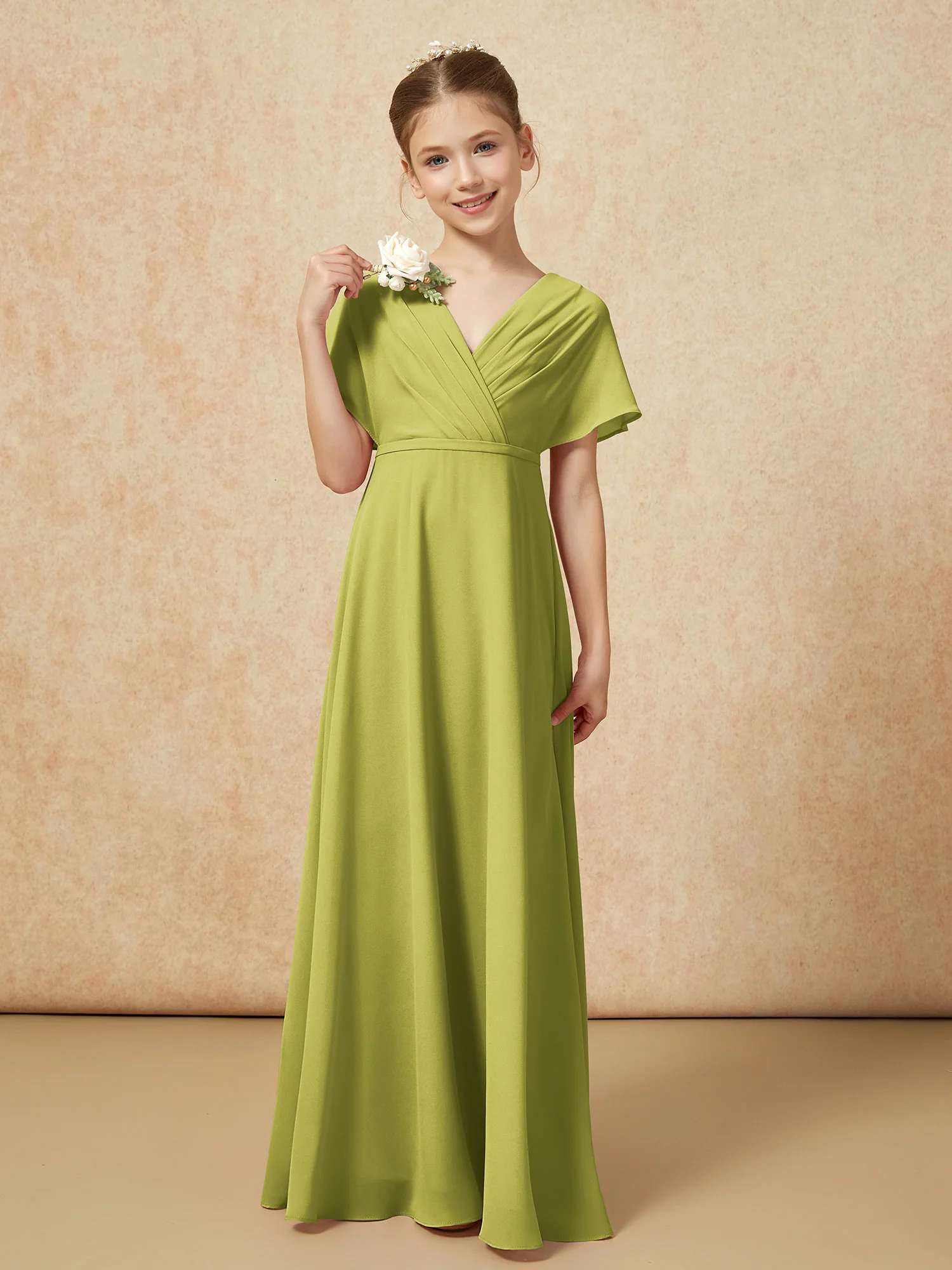 A-Line Flutter Sleeves Chiffon Junior Bridesmaid Dresses Clover