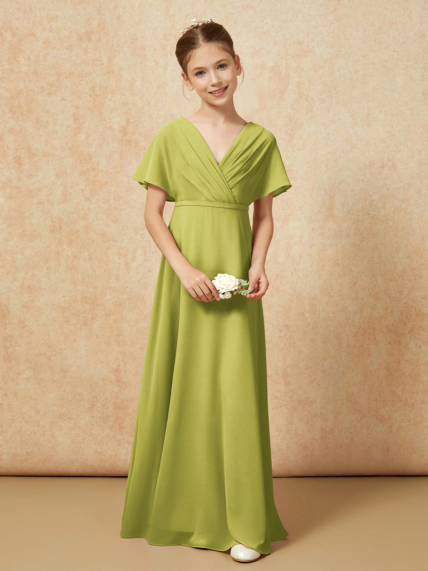A-Line Flutter Sleeves Chiffon Junior Bridesmaid Dresses Clover - Image 4
