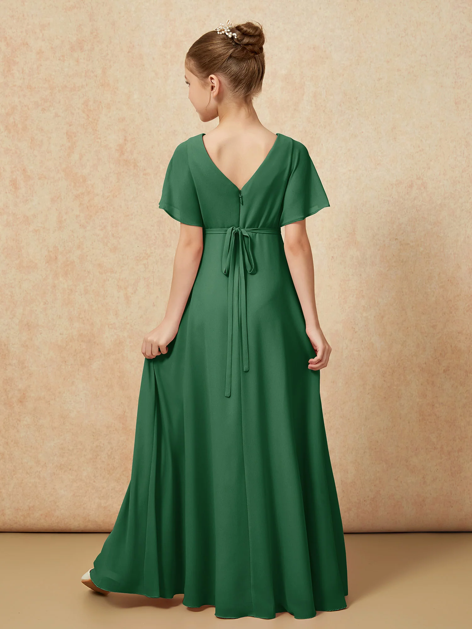 A-Line Flutter Sleeves Chiffon Junior Bridesmaid Dresses Dark Green - Image 2