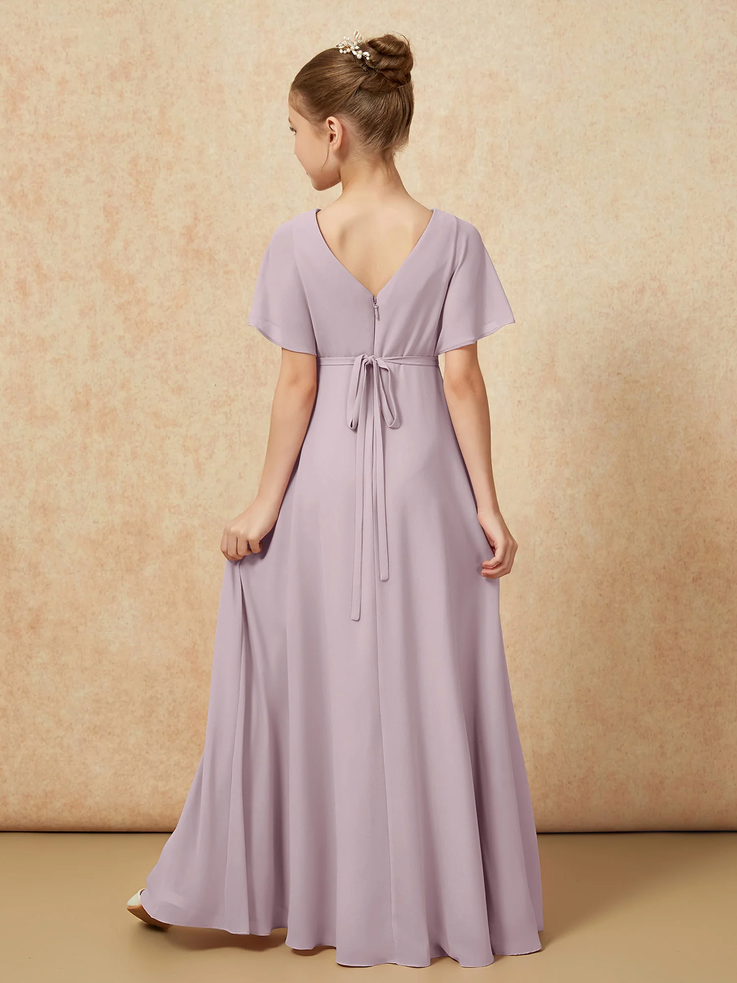 A-Line Flutter Sleeves Chiffon Junior Bridesmaid Dresses Dusk - Image 2