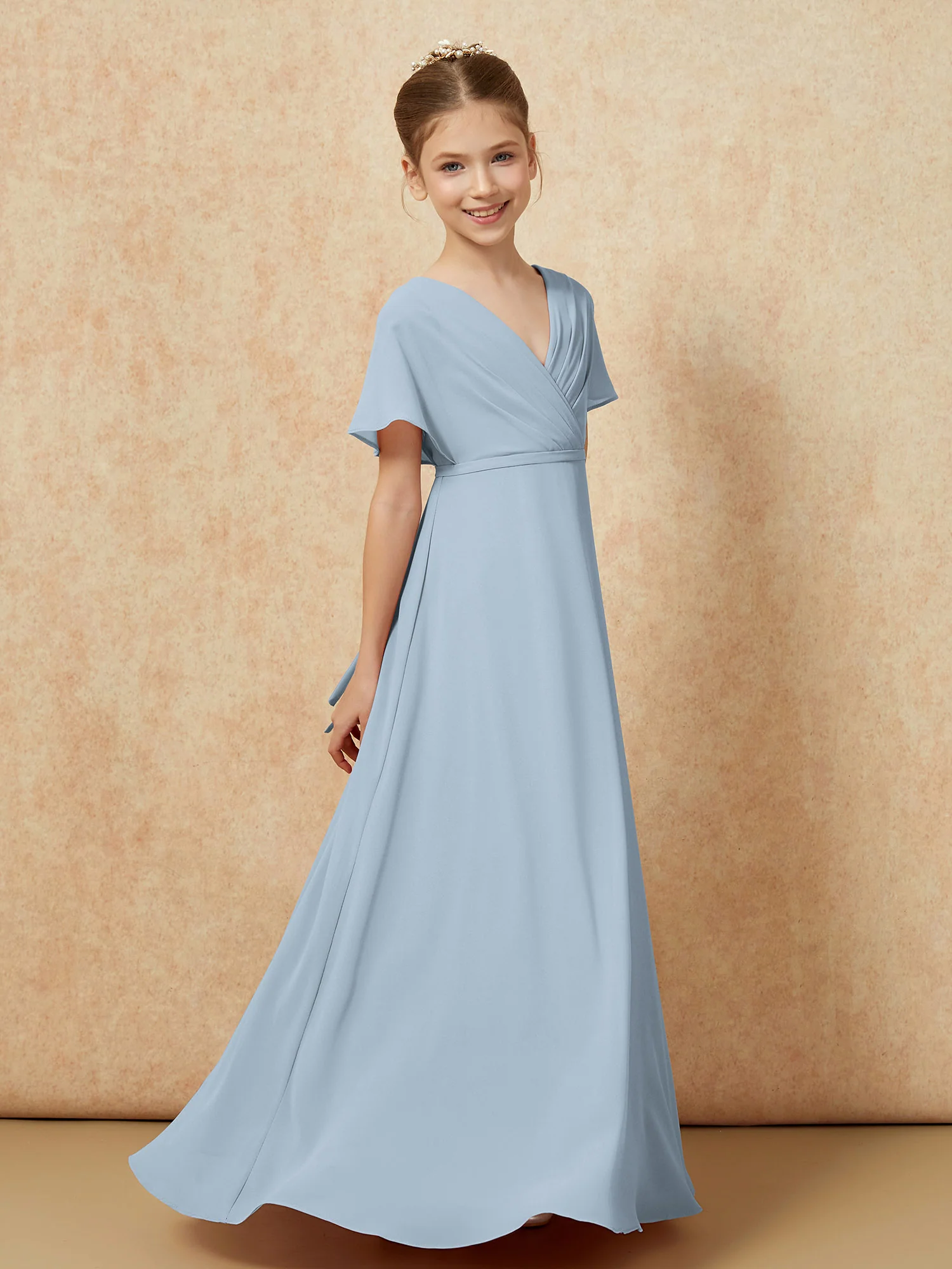 A-Line Flutter Sleeves Chiffon Junior Bridesmaid Dresses Dusty Blue - Image 3