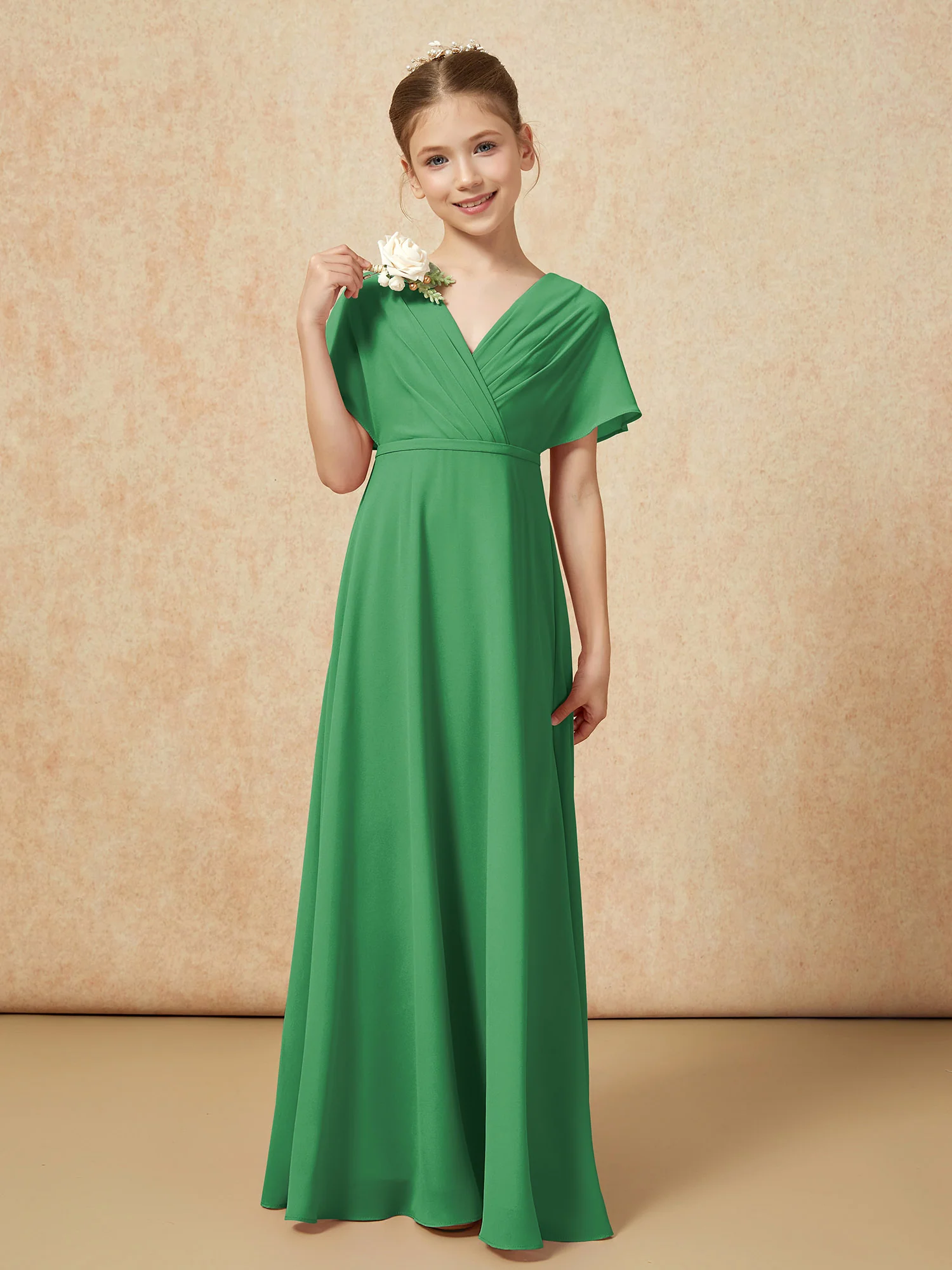 A-Line Flutter Sleeves Chiffon Junior Bridesmaid Dresses Emerald