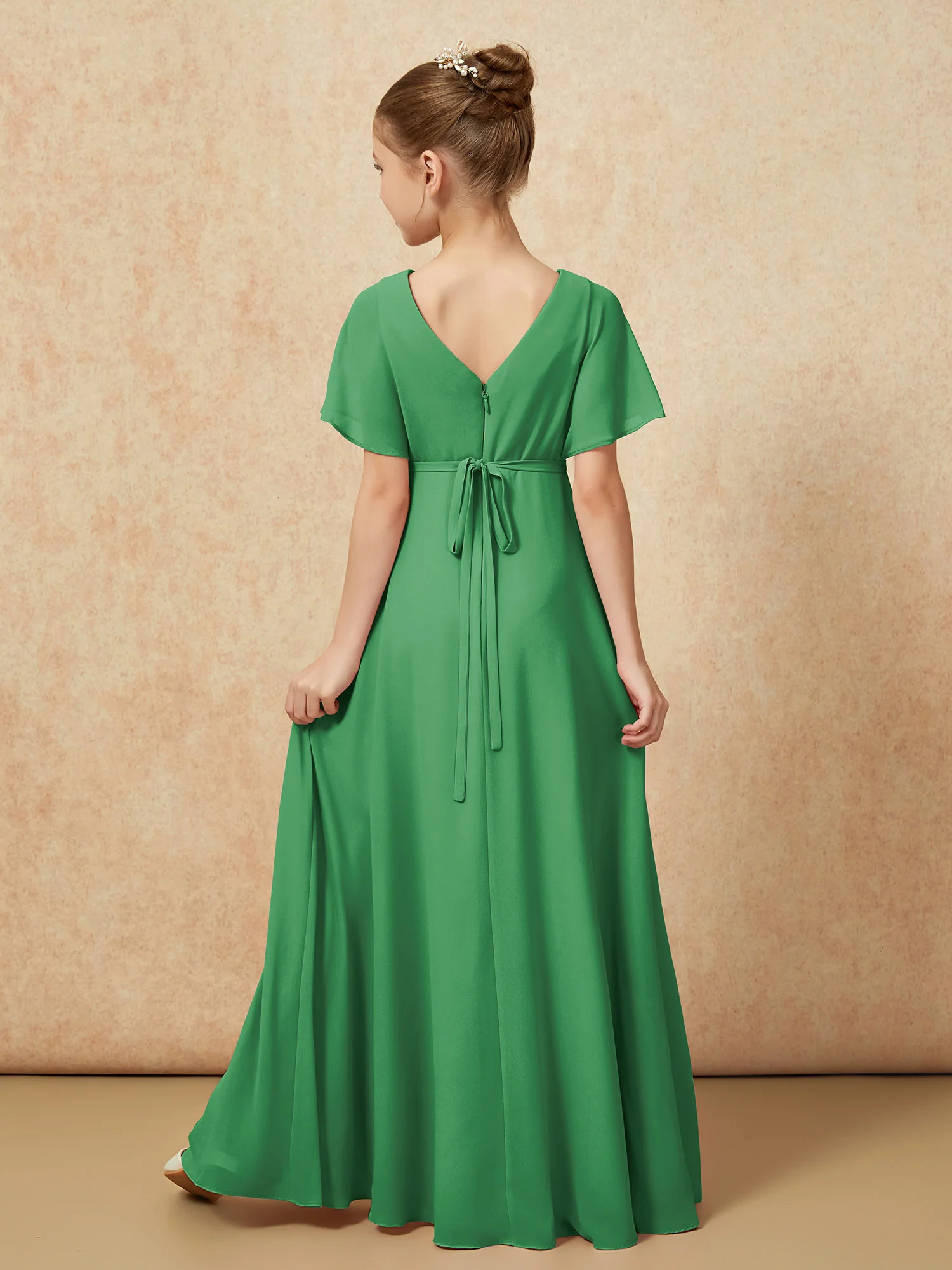 A-Line Flutter Sleeves Chiffon Junior Bridesmaid Dresses Emerald - Image 2