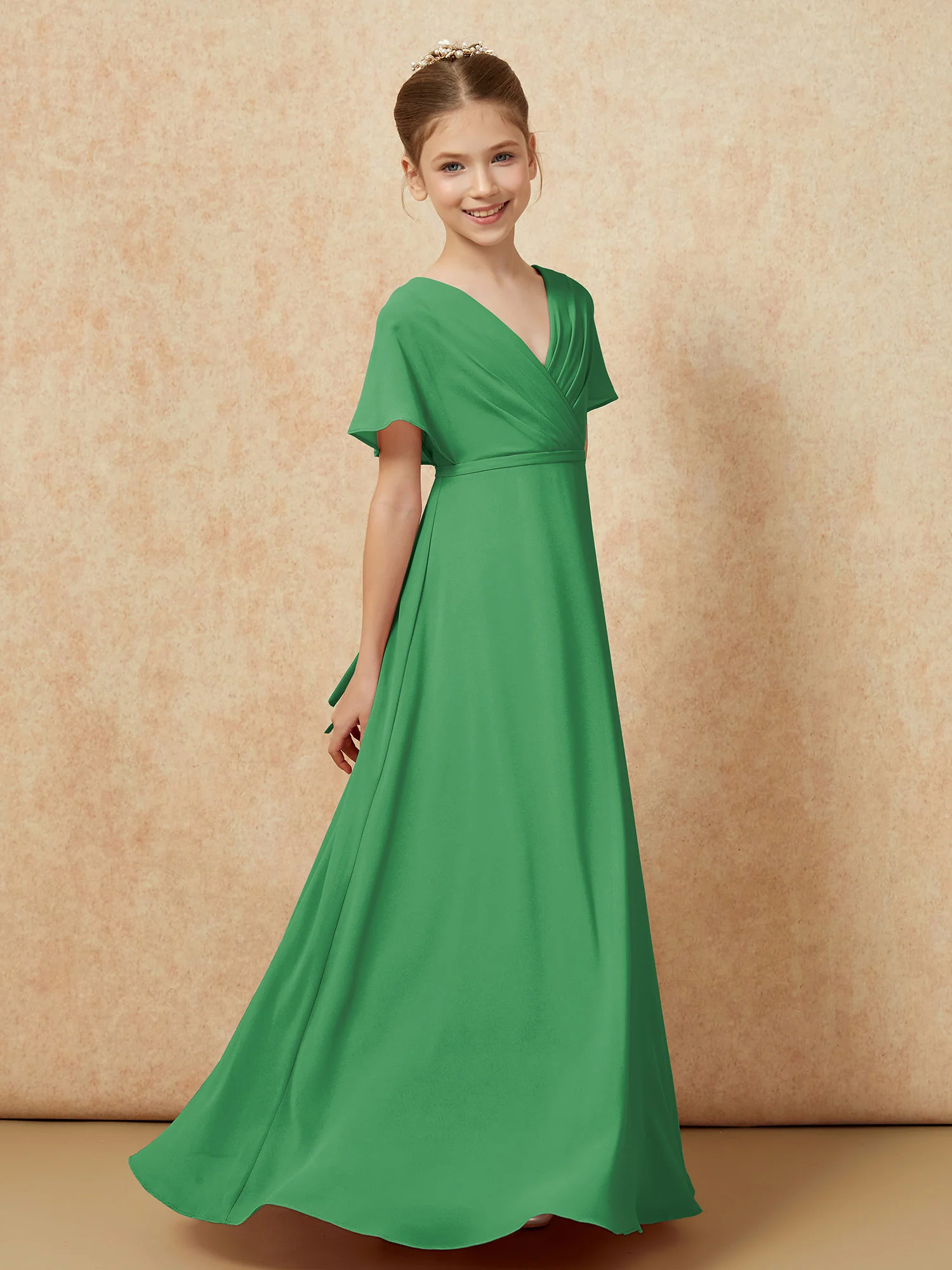 A-Line Flutter Sleeves Chiffon Junior Bridesmaid Dresses Emerald - Image 3