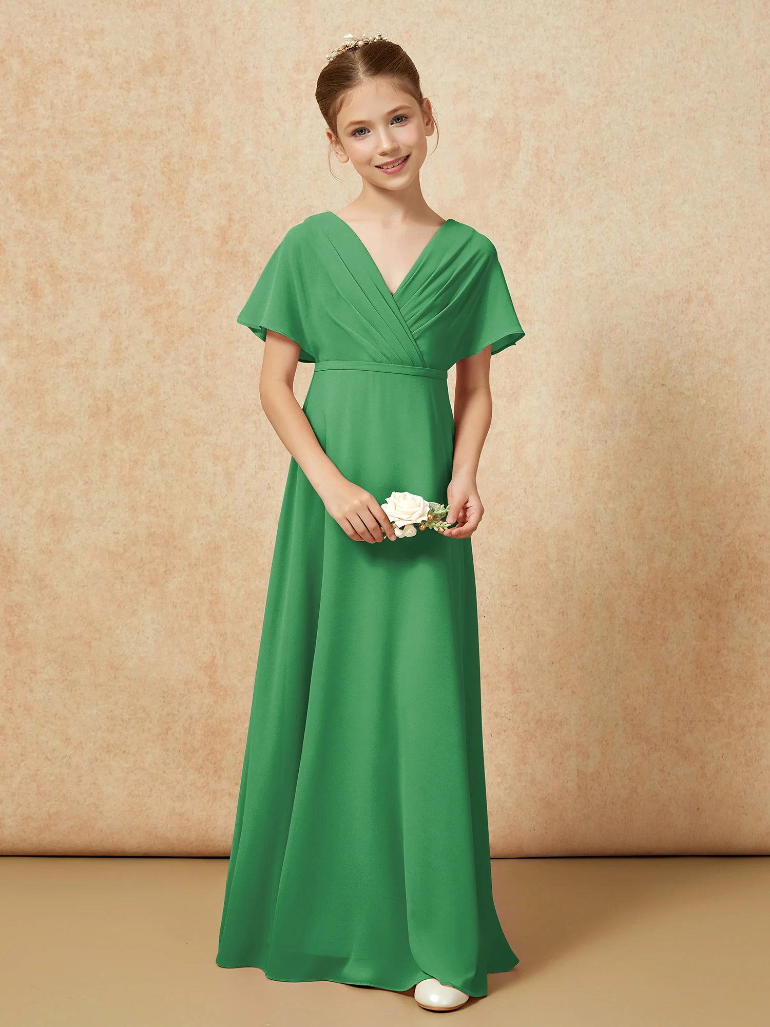A-Line Flutter Sleeves Chiffon Junior Bridesmaid Dresses Emerald - Image 4