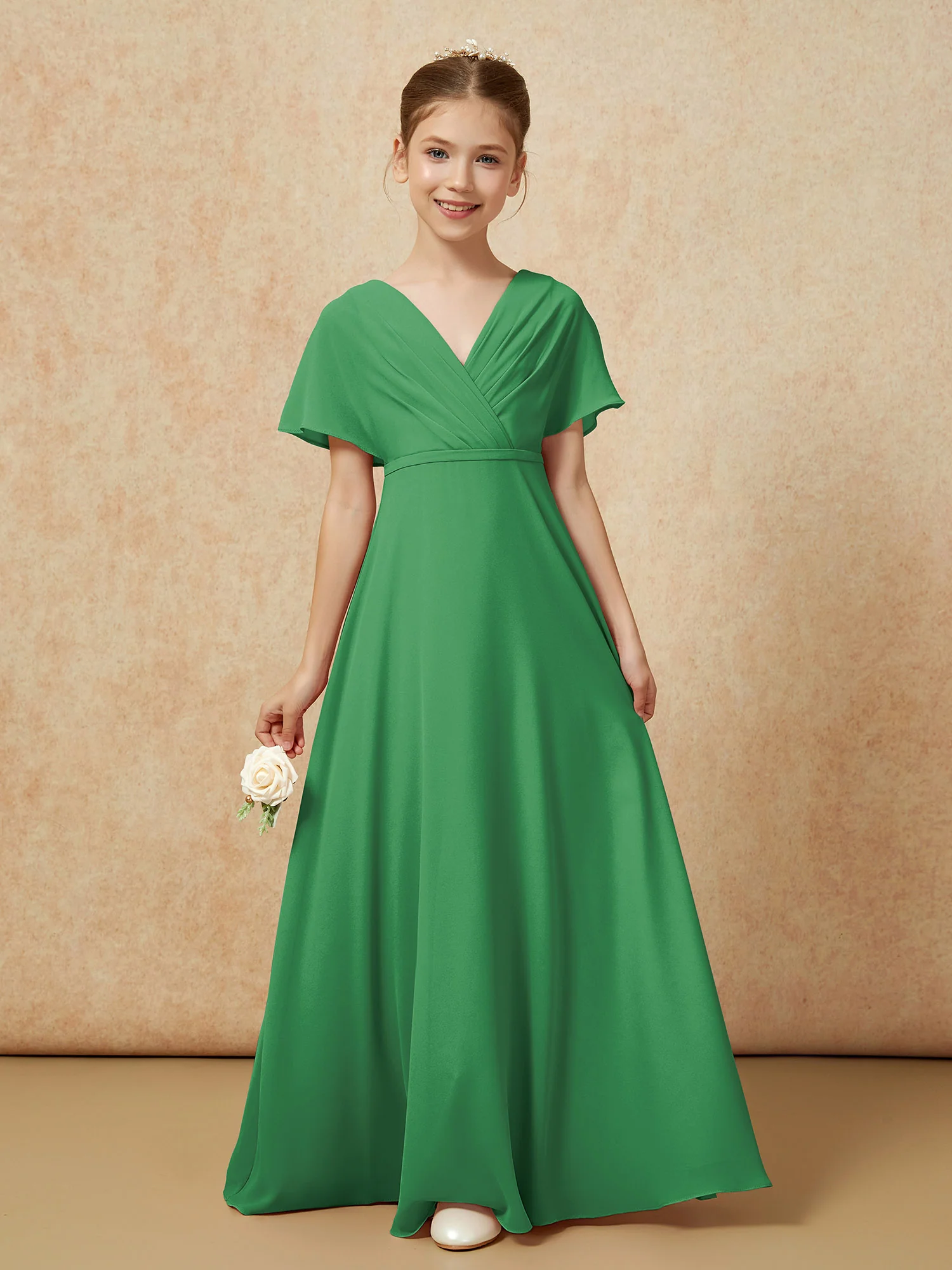 A-Line Flutter Sleeves Chiffon Junior Bridesmaid Dresses Emerald - Image 5