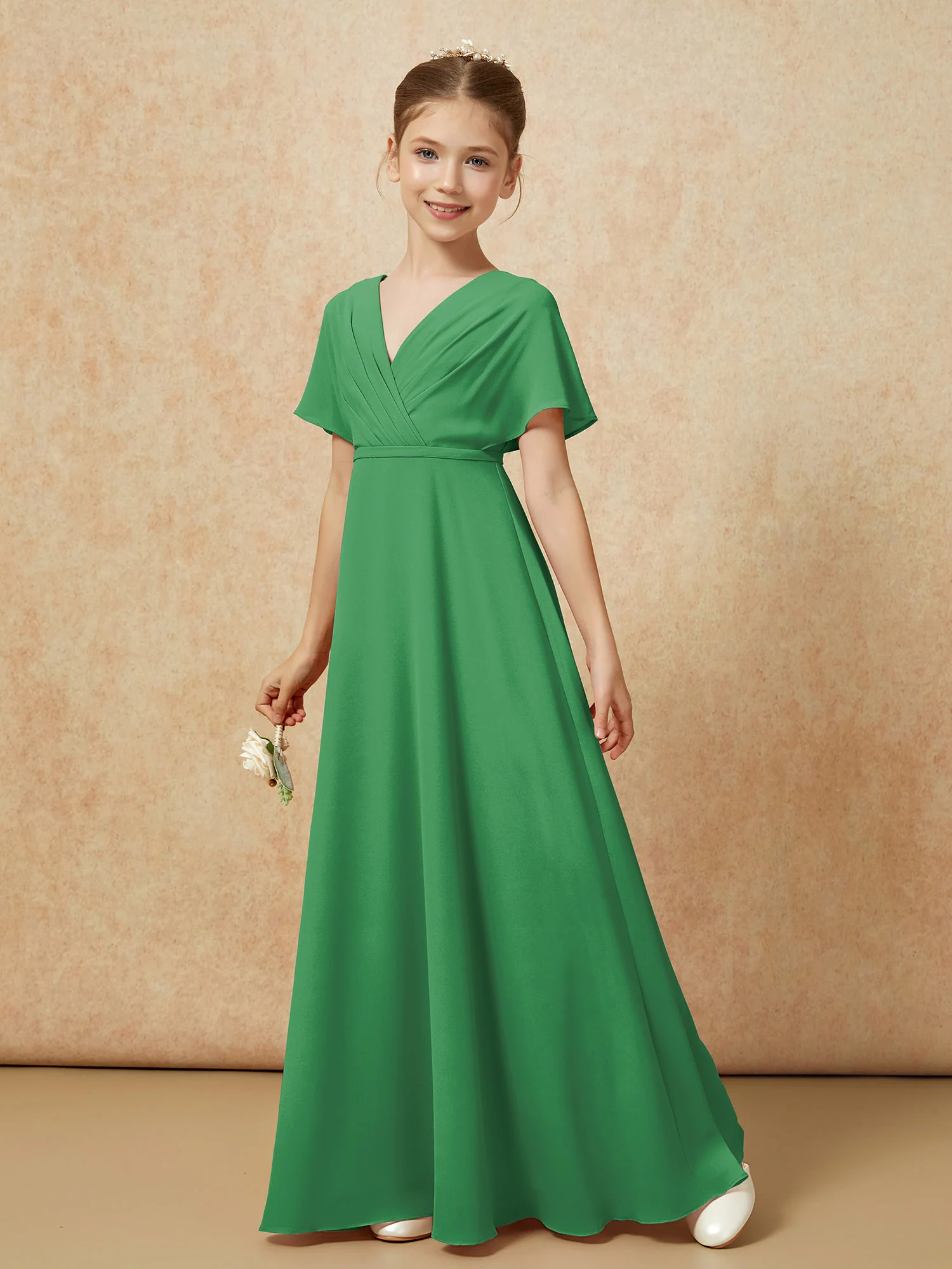 A-Line Flutter Sleeves Chiffon Junior Bridesmaid Dresses Emerald - Image 6