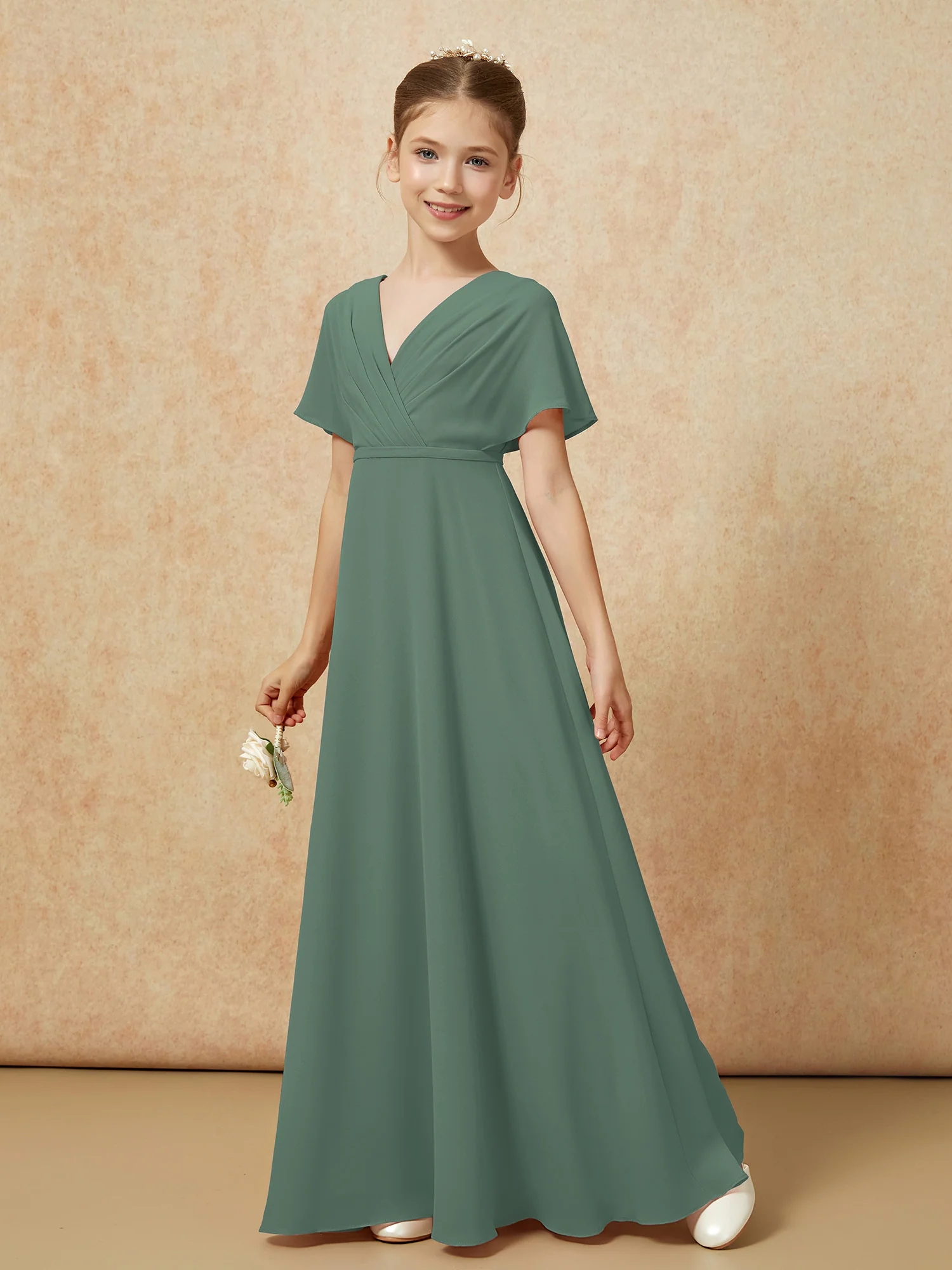 A-Line Flutter Sleeves Chiffon Junior Bridesmaid Dresses Eucalyptus - Image 6
