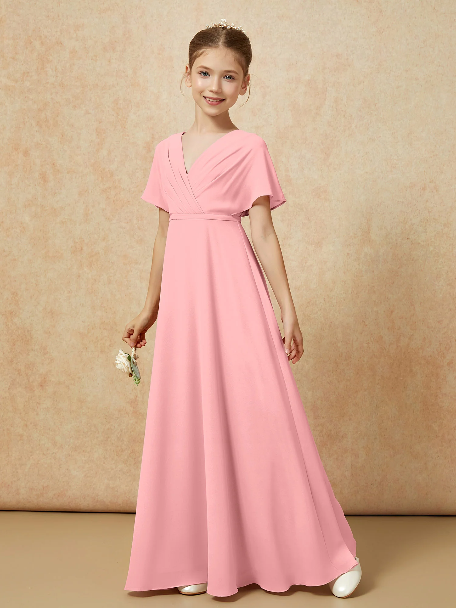 A-Line Flutter Sleeves Chiffon Junior Bridesmaid Dresses Flamingo - Image 6
