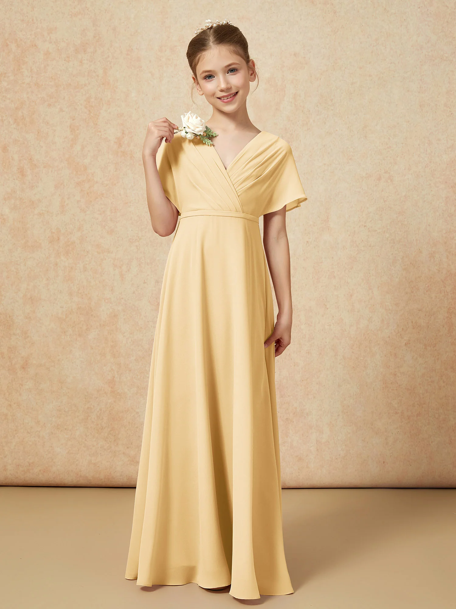A-Line Flutter Sleeves Chiffon Junior Bridesmaid Dresses Gold
