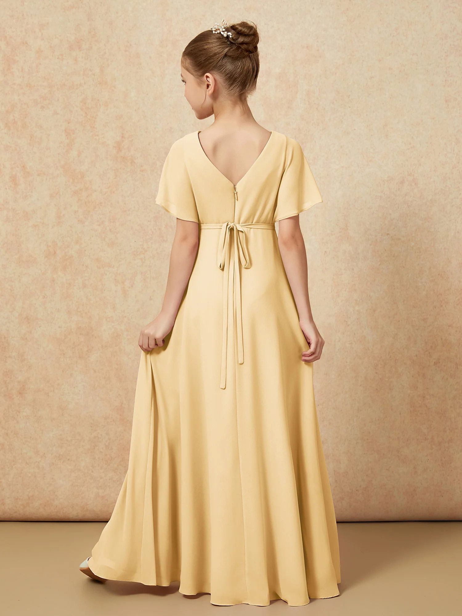 A-Line Flutter Sleeves Chiffon Junior Bridesmaid Dresses Gold - Image 2