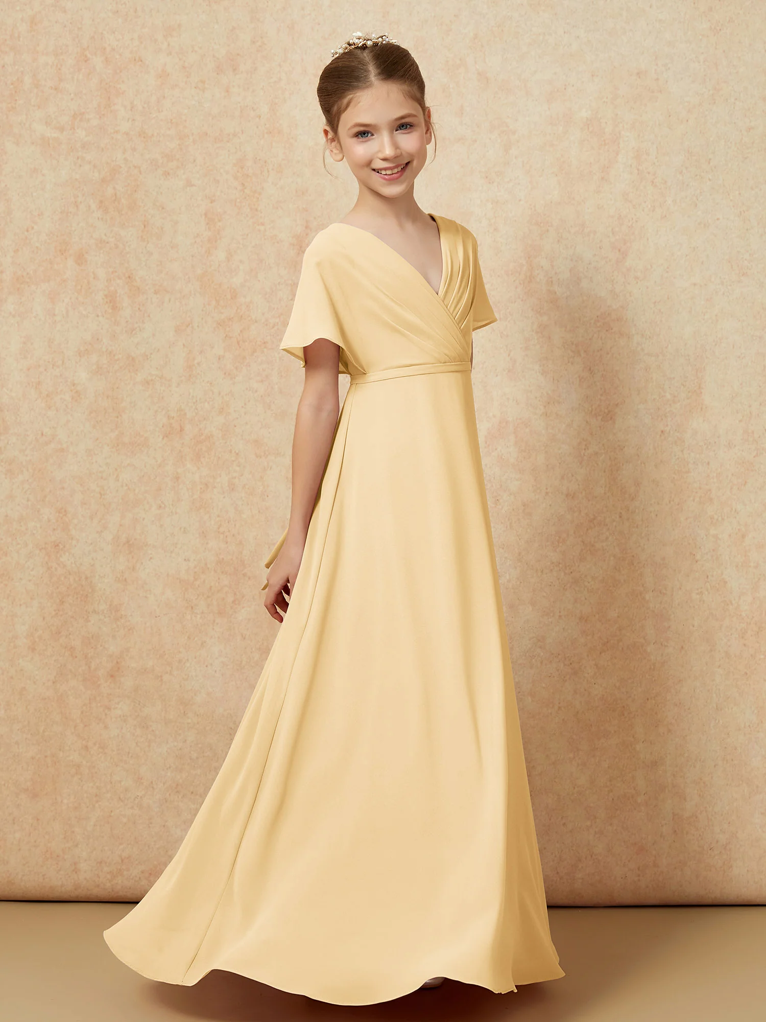 A-Line Flutter Sleeves Chiffon Junior Bridesmaid Dresses Gold - Image 3