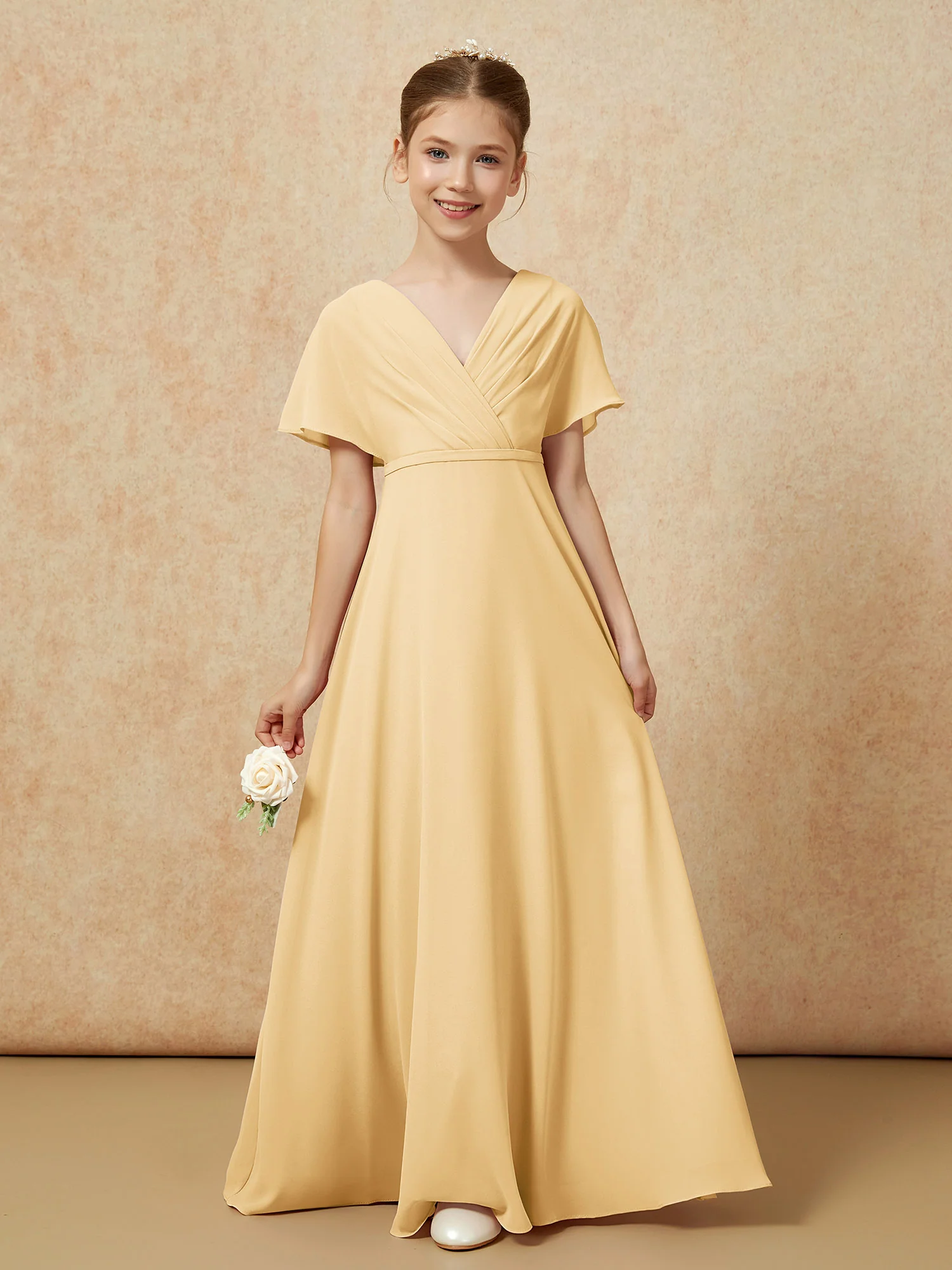 A-Line Flutter Sleeves Chiffon Junior Bridesmaid Dresses Gold - Image 5