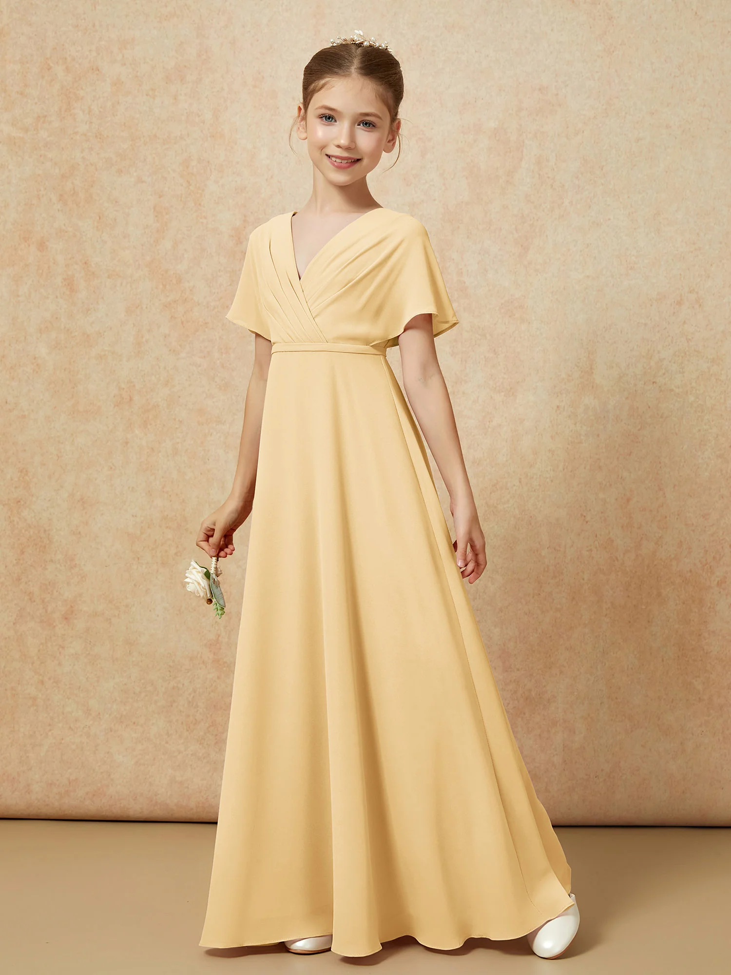 A-Line Flutter Sleeves Chiffon Junior Bridesmaid Dresses Gold - Image 6