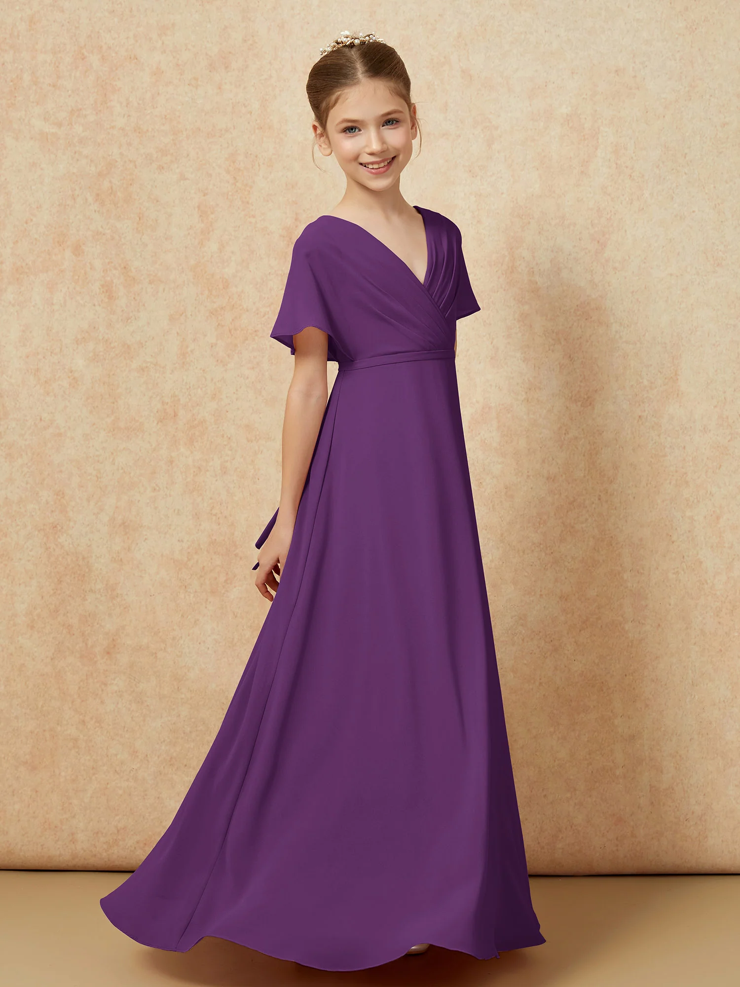 A-Line Flutter Sleeves Chiffon Junior Bridesmaid Dresses Grape - Image 3