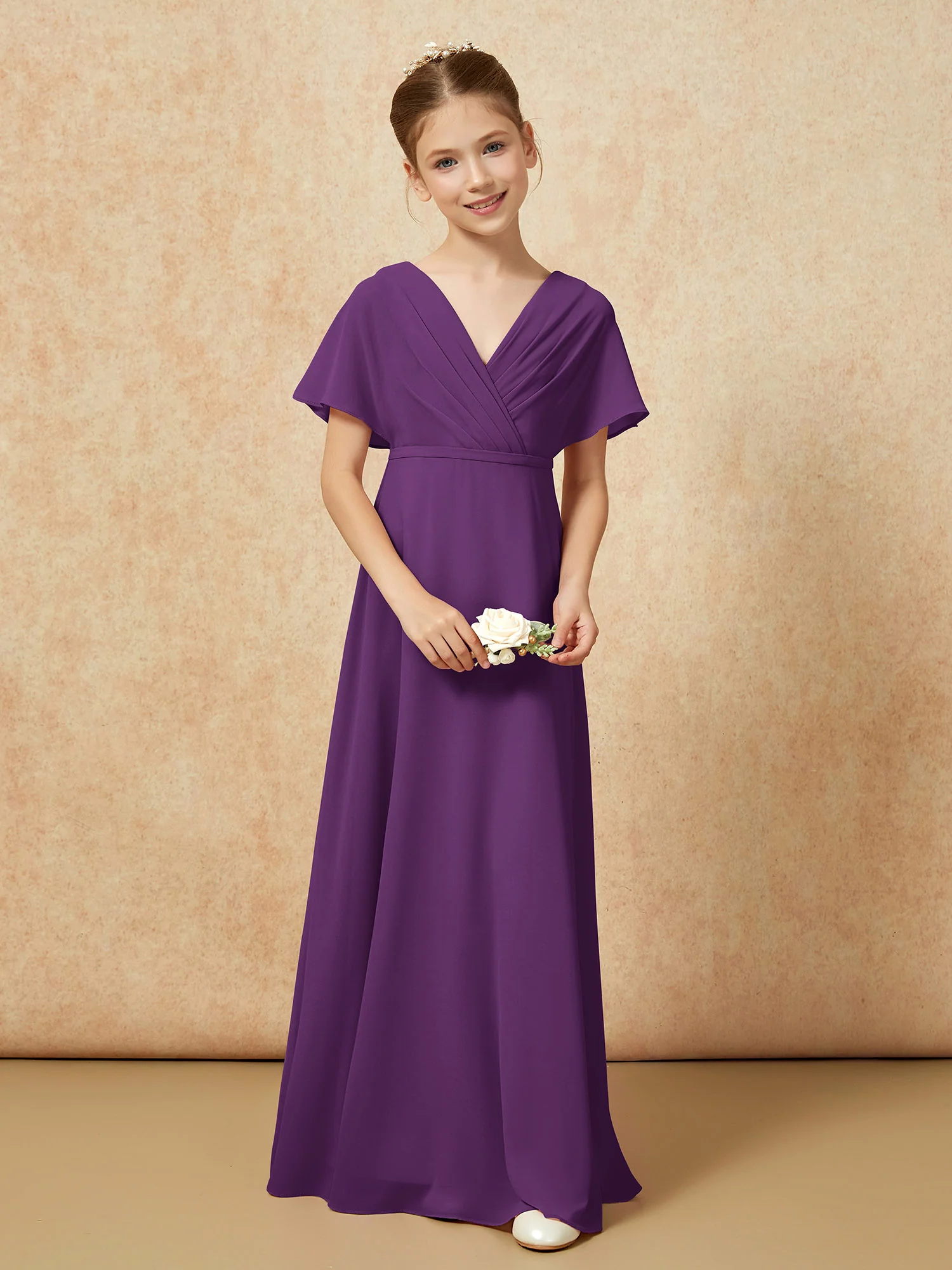 A-Line Flutter Sleeves Chiffon Junior Bridesmaid Dresses Grape - Image 4