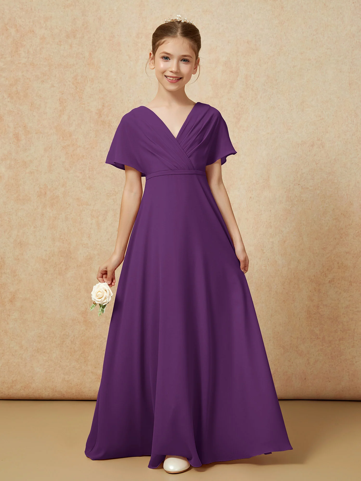 A-Line Flutter Sleeves Chiffon Junior Bridesmaid Dresses Grape - Image 5