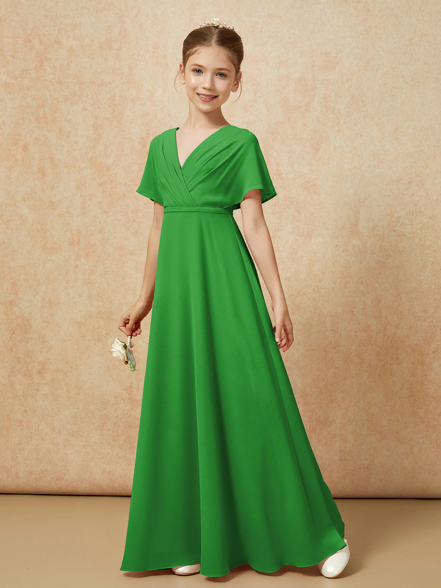 A-Line Flutter Sleeves Chiffon Junior Bridesmaid Dresses Green - Image 6